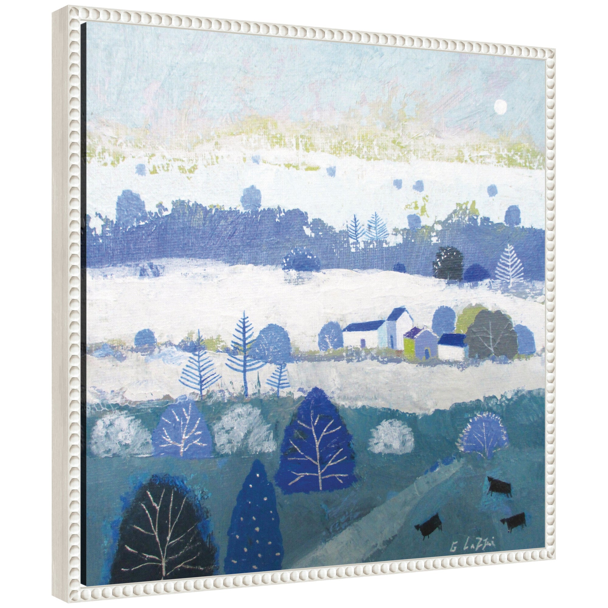 Sylvie Winter Dales abstract framed canvas art by Giuliana Lazzerini showing abstract patterns in muted blues and whites with a vintage beaded frame