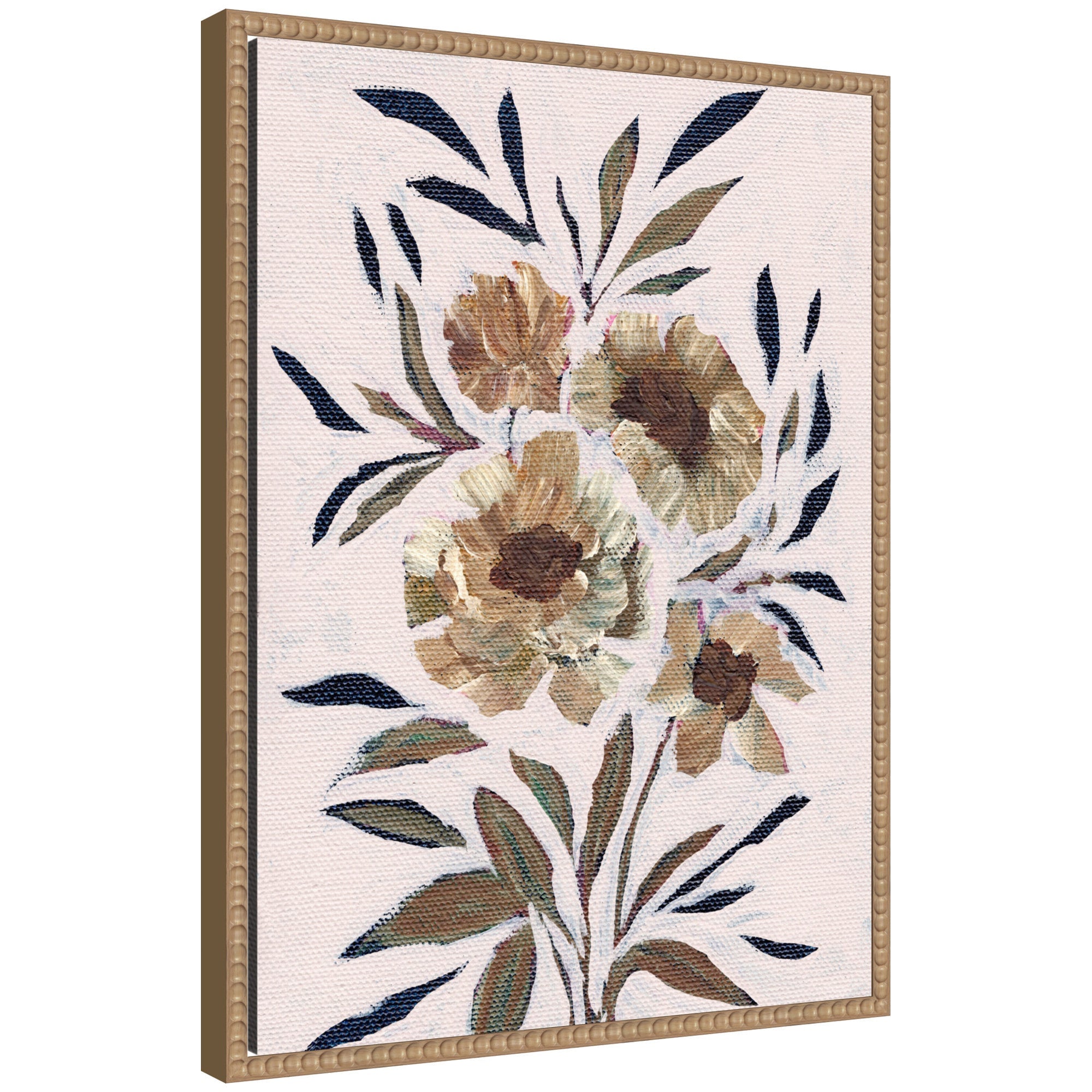 Sylvie Muted Paintrely Florals framed canvas art showing muted floral design in soft earth tones with a floating frame in beaded natural color.
