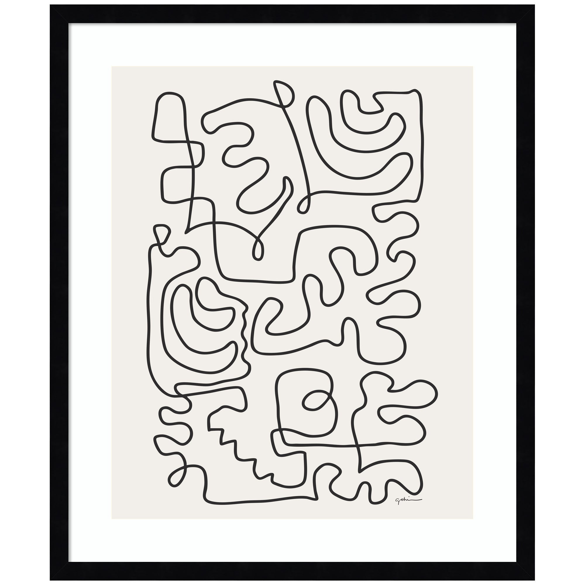 Connected Lines framed wall art print by Gabrielly Guedes, showing abstract line design on neutral background in a wooden frame