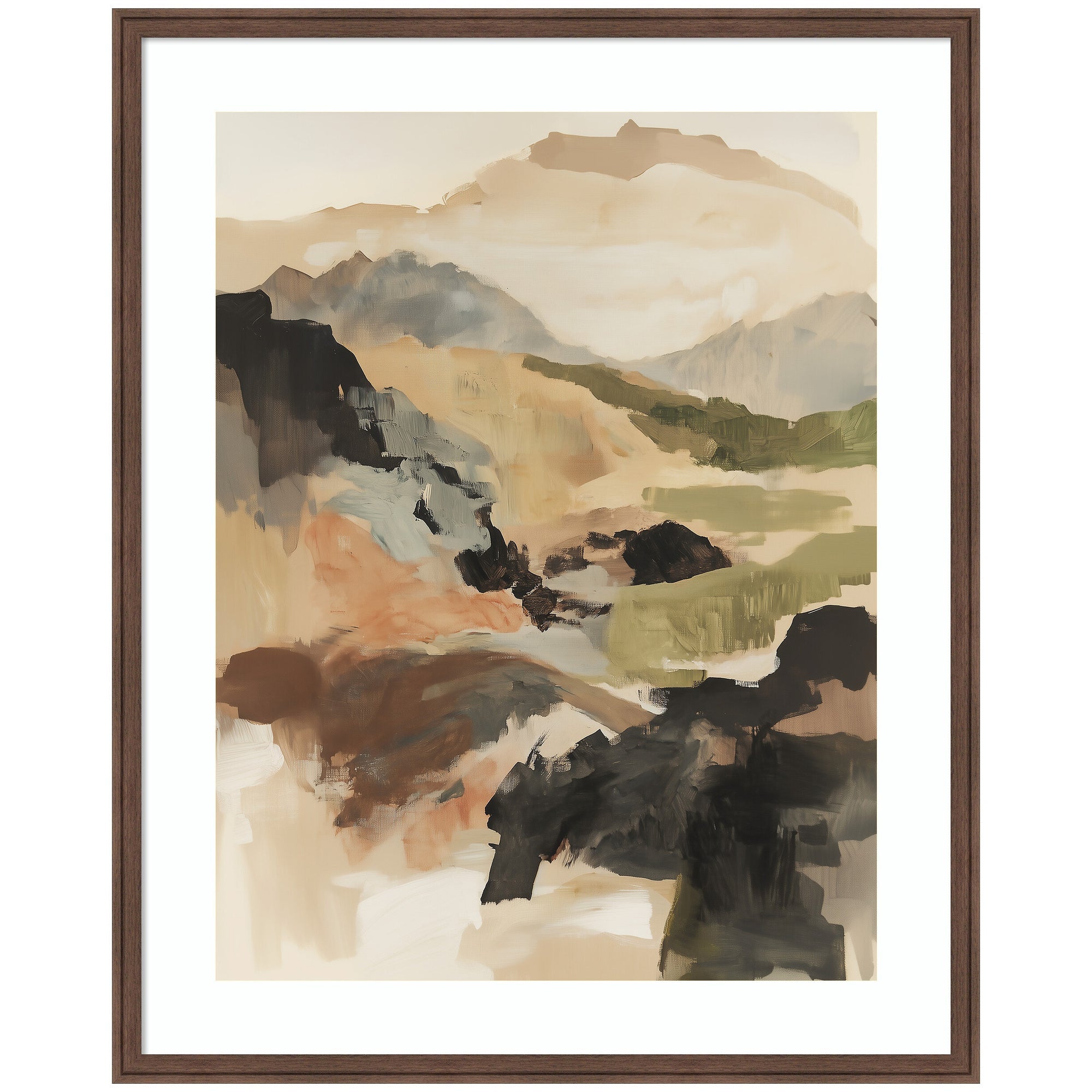 Framed abstract landscape artwork titled Tonal Mountains II featuring earth tones and a textured depiction of mountains and rolling hills.