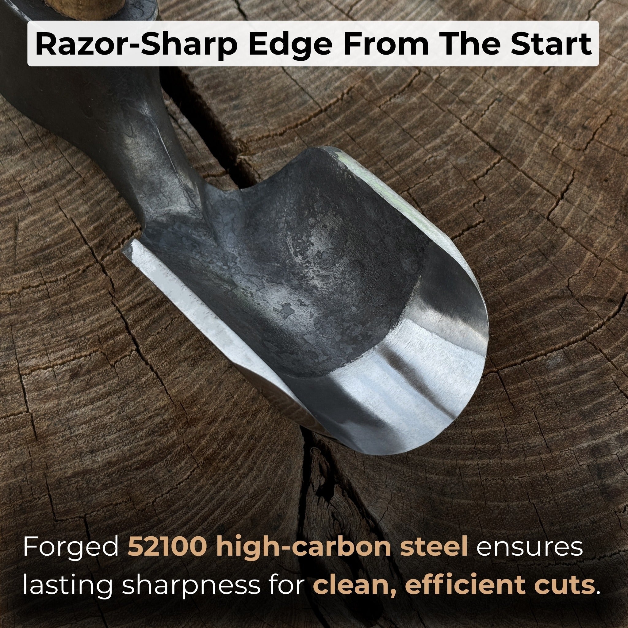 Deep Curved Bowl Adze with hand-forged carbon steel blade and ash wood handle