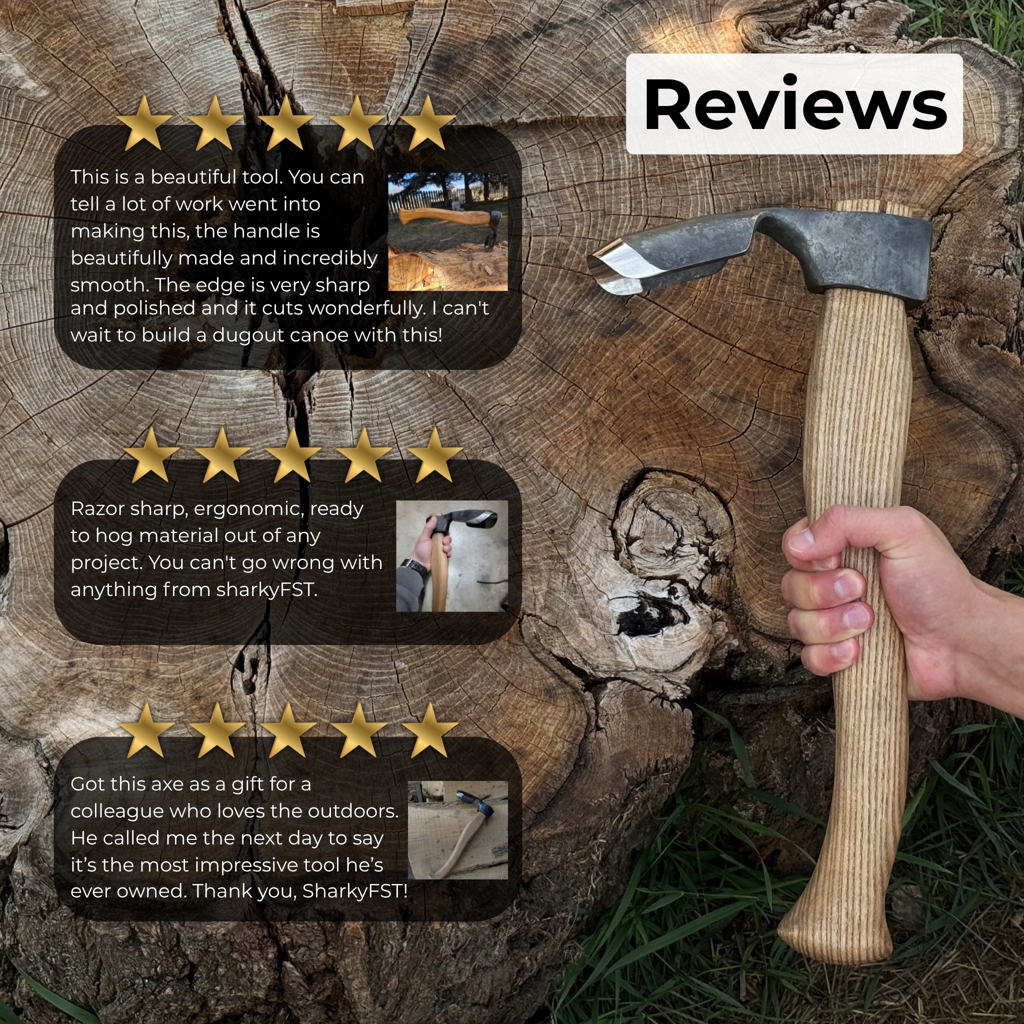 Deep Curved Bowl Adze with hand-forged carbon steel blade and ash wood handle