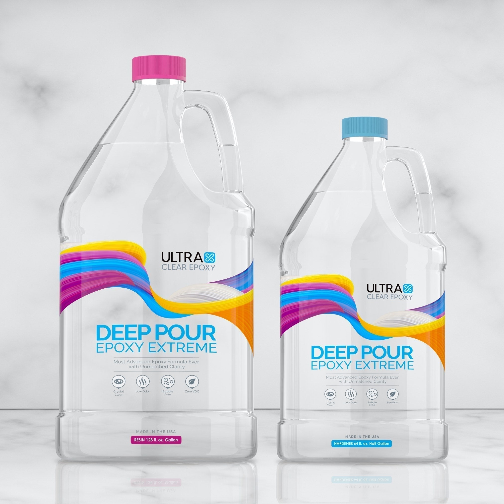Two bottles of Ultra Deep Pour Epoxy Extreme on a light gray background