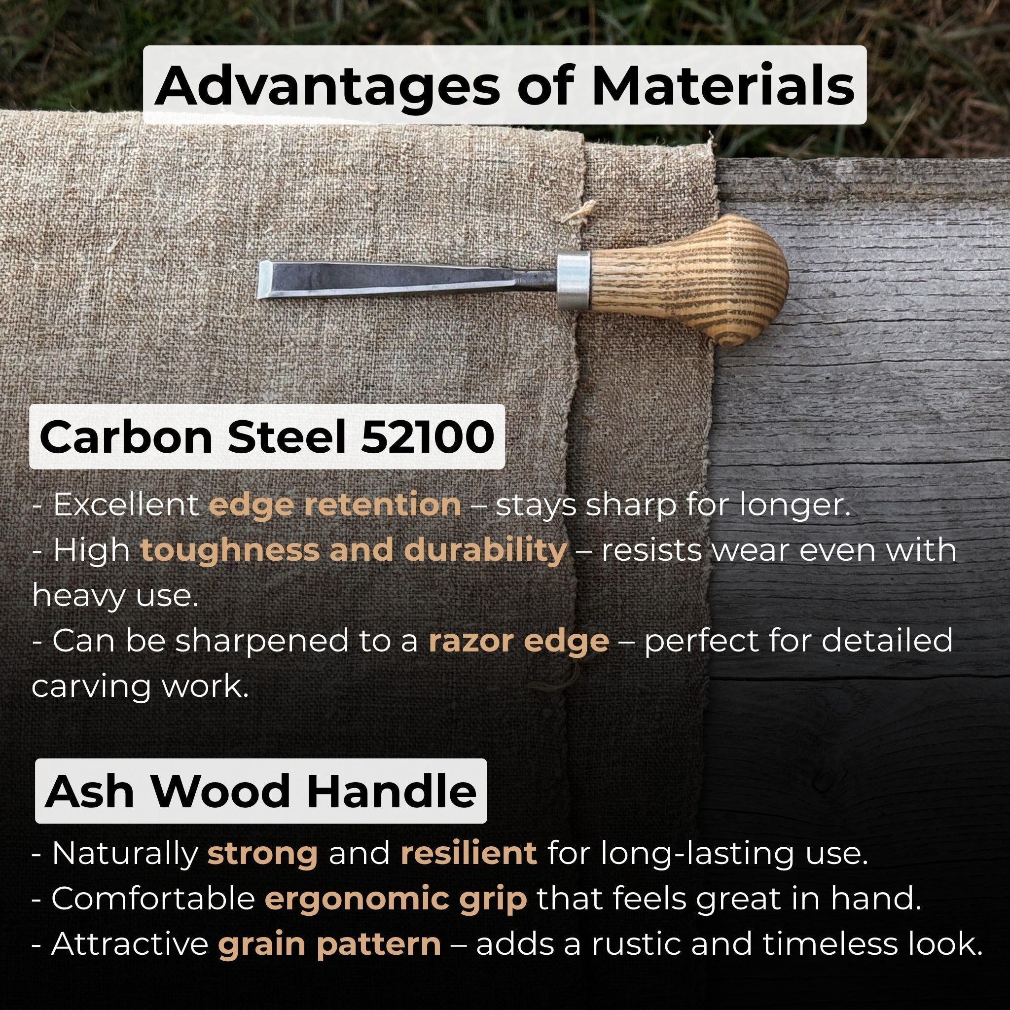 Detail carving chisel with palm handle, 10 mm blade, hand-forged carbon steel blade and ash wood handle