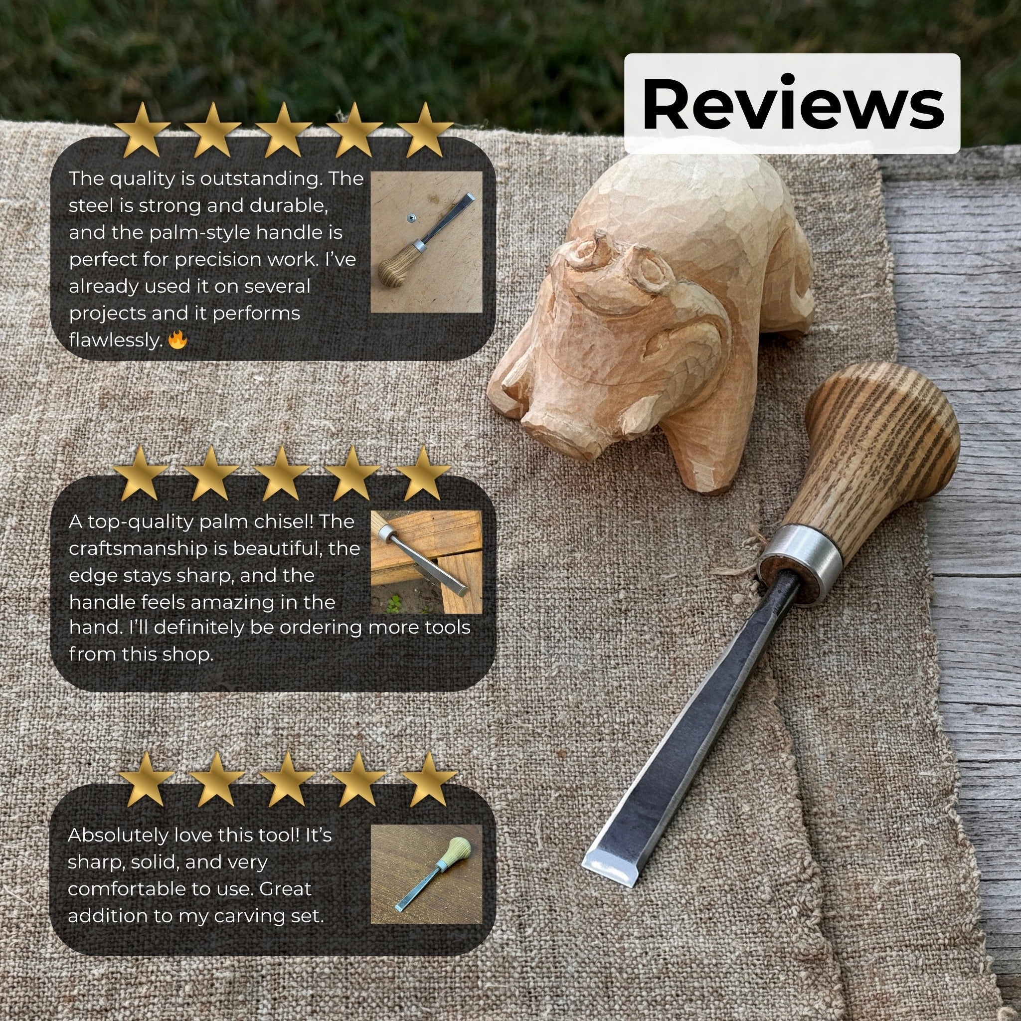 Detail carving chisel with palm handle, 10 mm blade, hand-forged carbon steel blade and ash wood handle