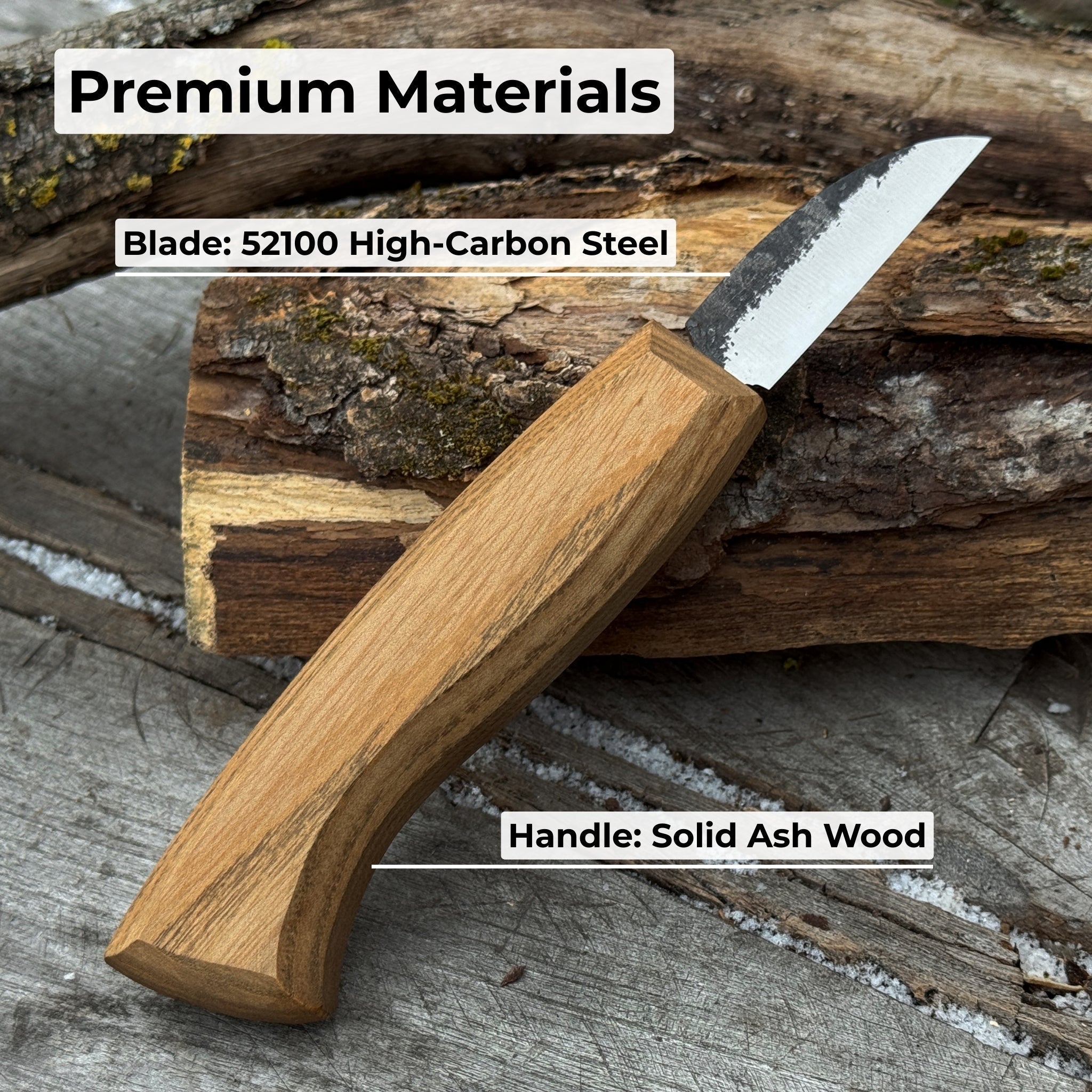 Detail wood carving knife with 5 cm blade and ash wood handle by Sharky Forged Steel Tools