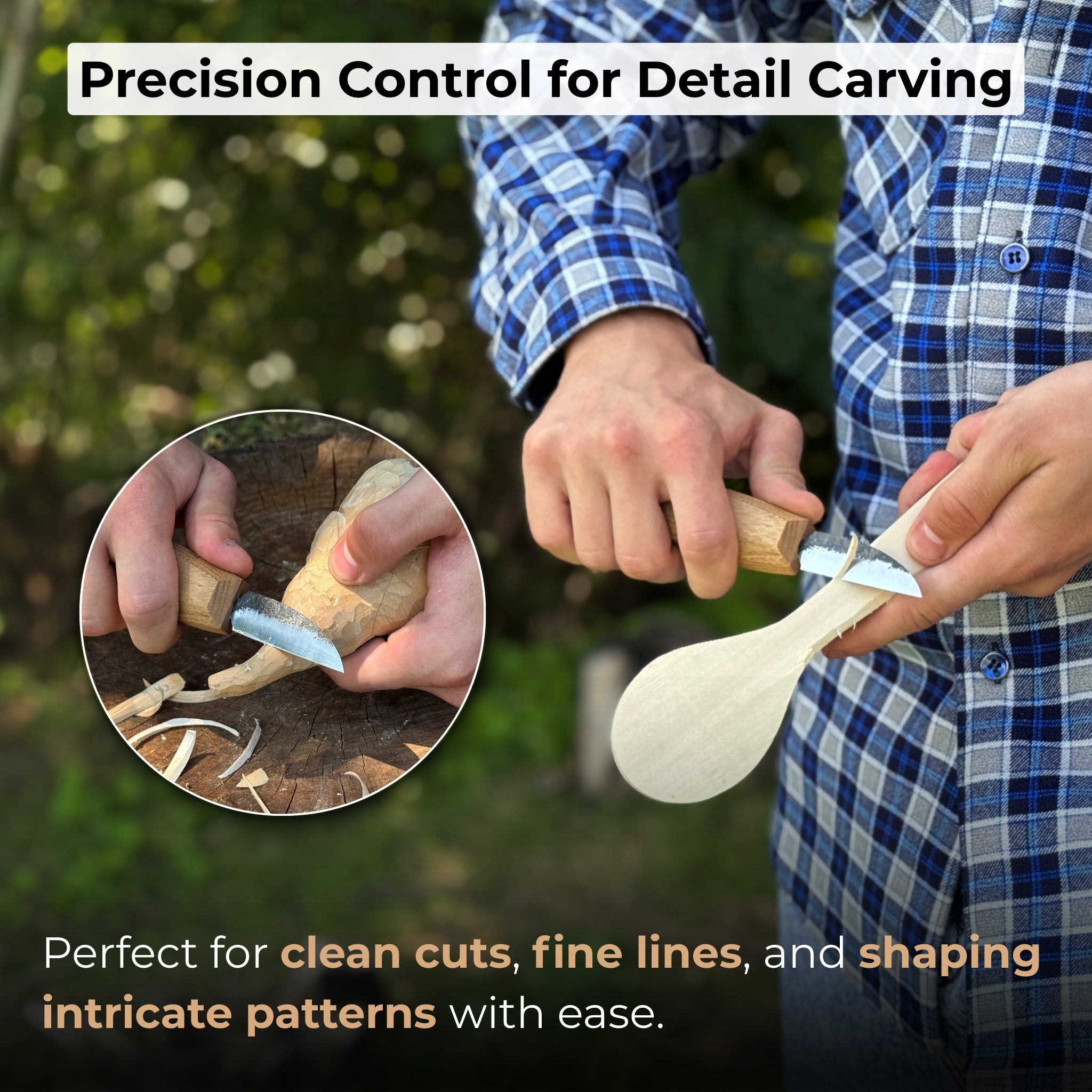 Detail wood carving knife with 5 cm blade and ash wood handle by Sharky Forged Steel Tools