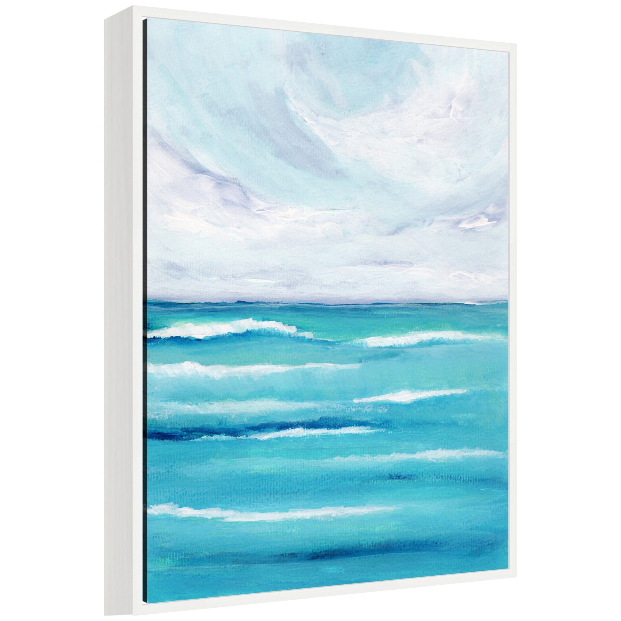 Framed canvas art showing evening ocean waves with blue and sandy tones