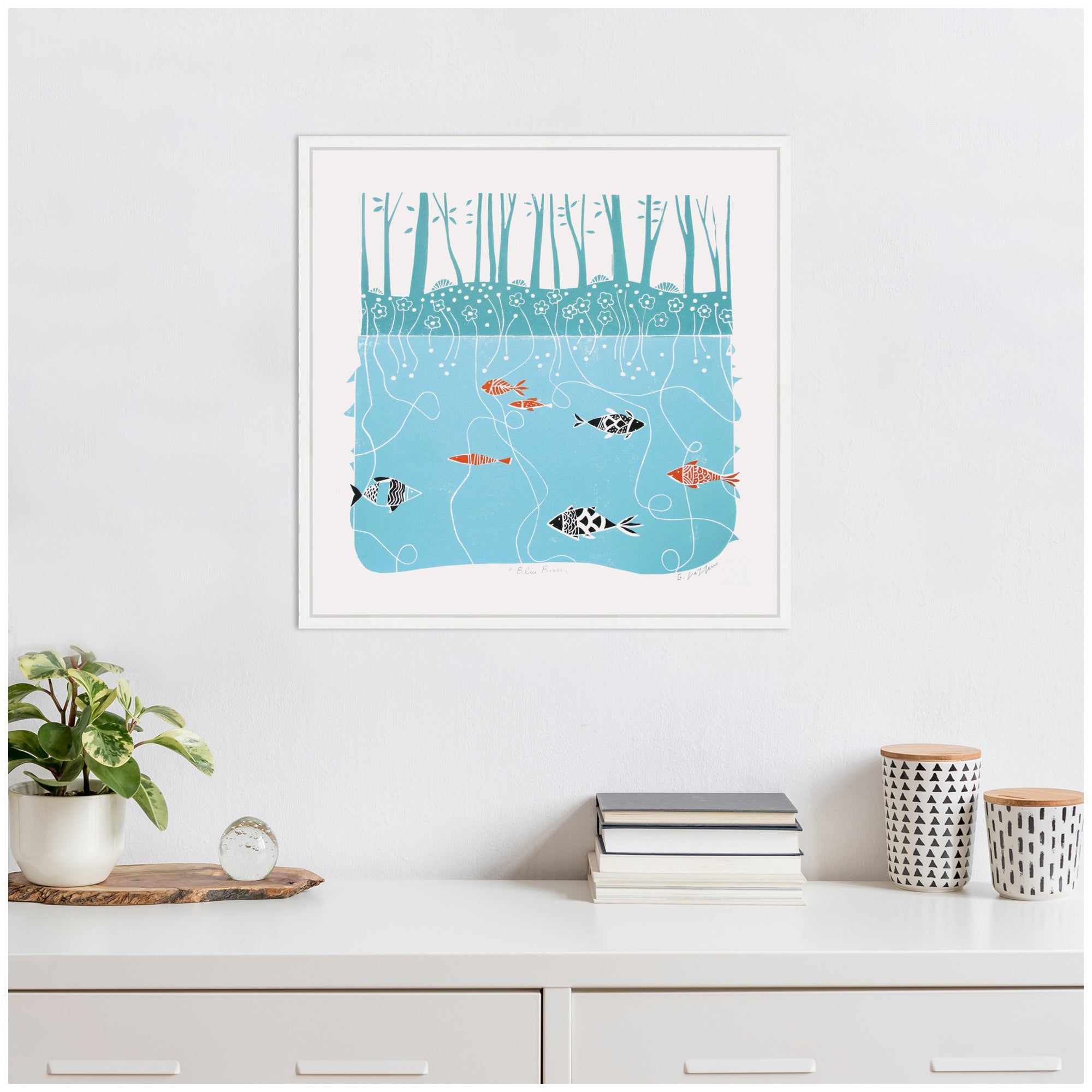Sylvie Coastal Blue River Linocut Framed Canvas by Giuliana Lazzerini