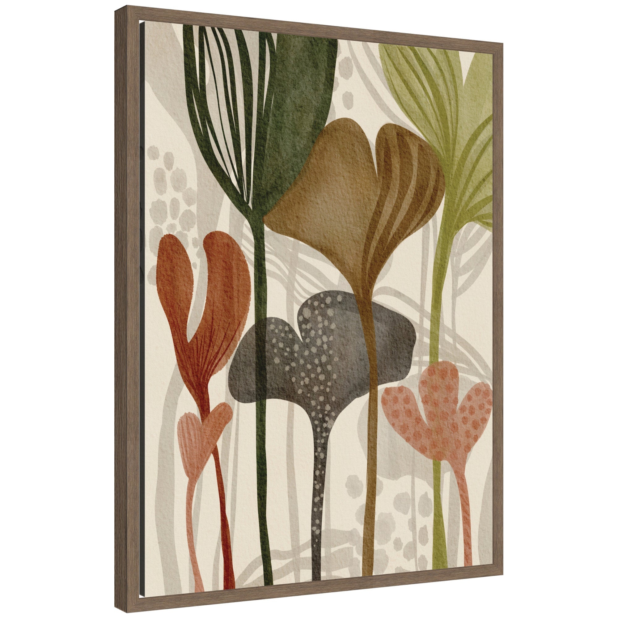 Framed canvas print titled Earthen Botanicals l by Nikita Jariwala showing warm walnut brown floral artwork in Sylvie frame