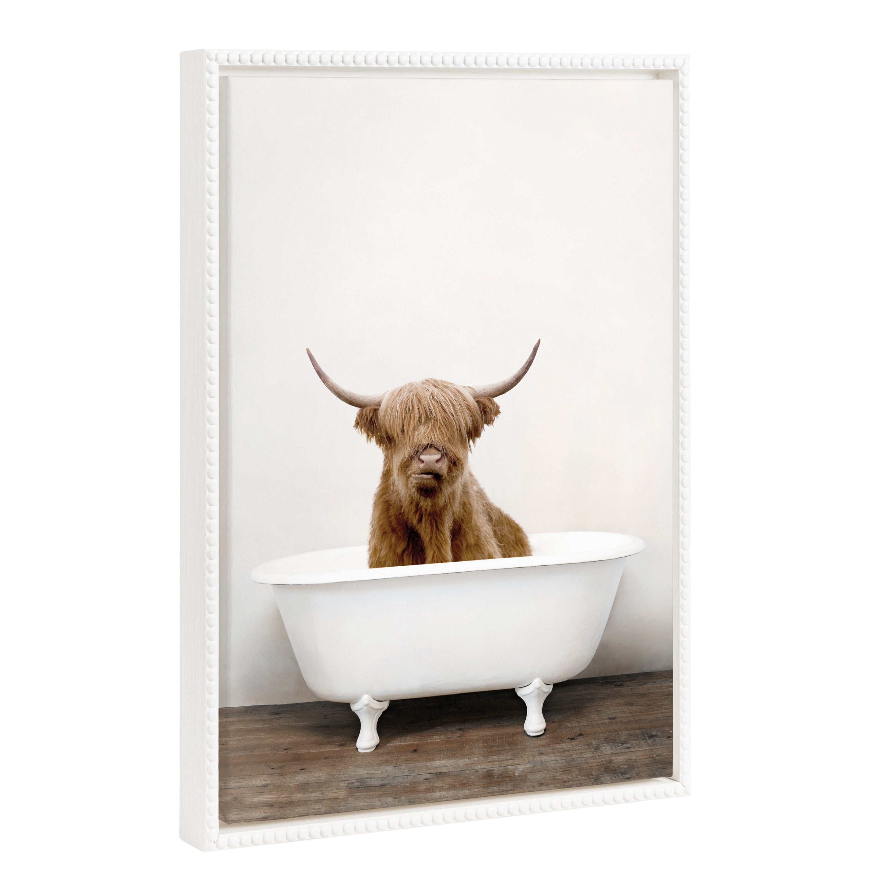 Sylvie Beaded Highland Cow in the Tub framed canvas art by Amy Peterson showing a highland cow sitting in a tub, framed in white