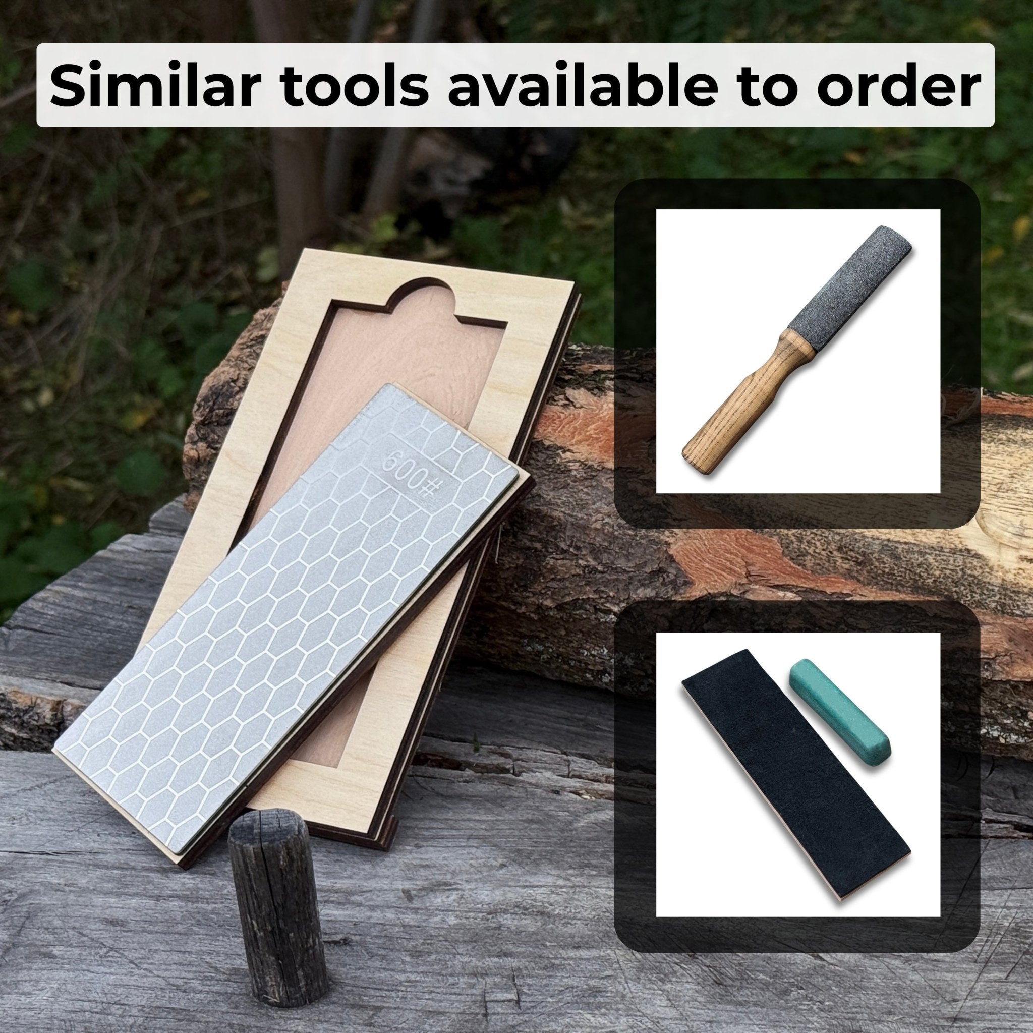 Diamond sharpening stone with 600 grit surface on a wooden ash stand for sharpening knives and tools