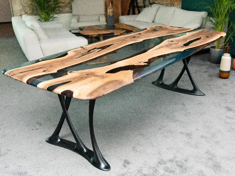 Custom epoxy resin dining room table with walnut wood and rose gold aluminum legs