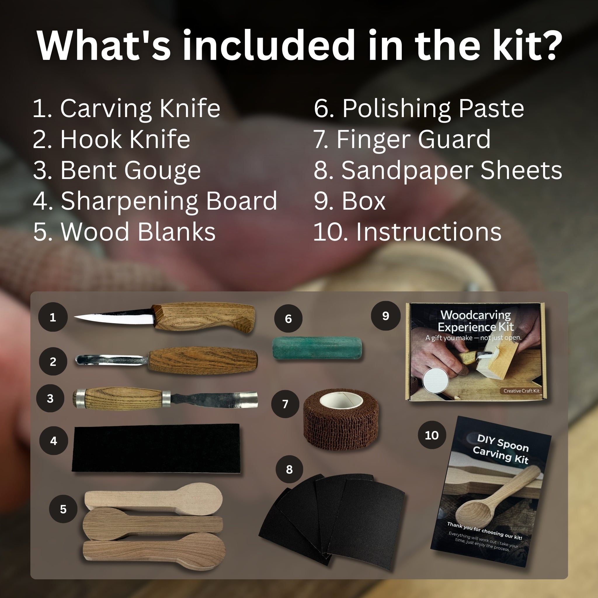DIY 3-piece spoon carving kit with linden, cherry, and oak wood blanks and hand-forged carving tools