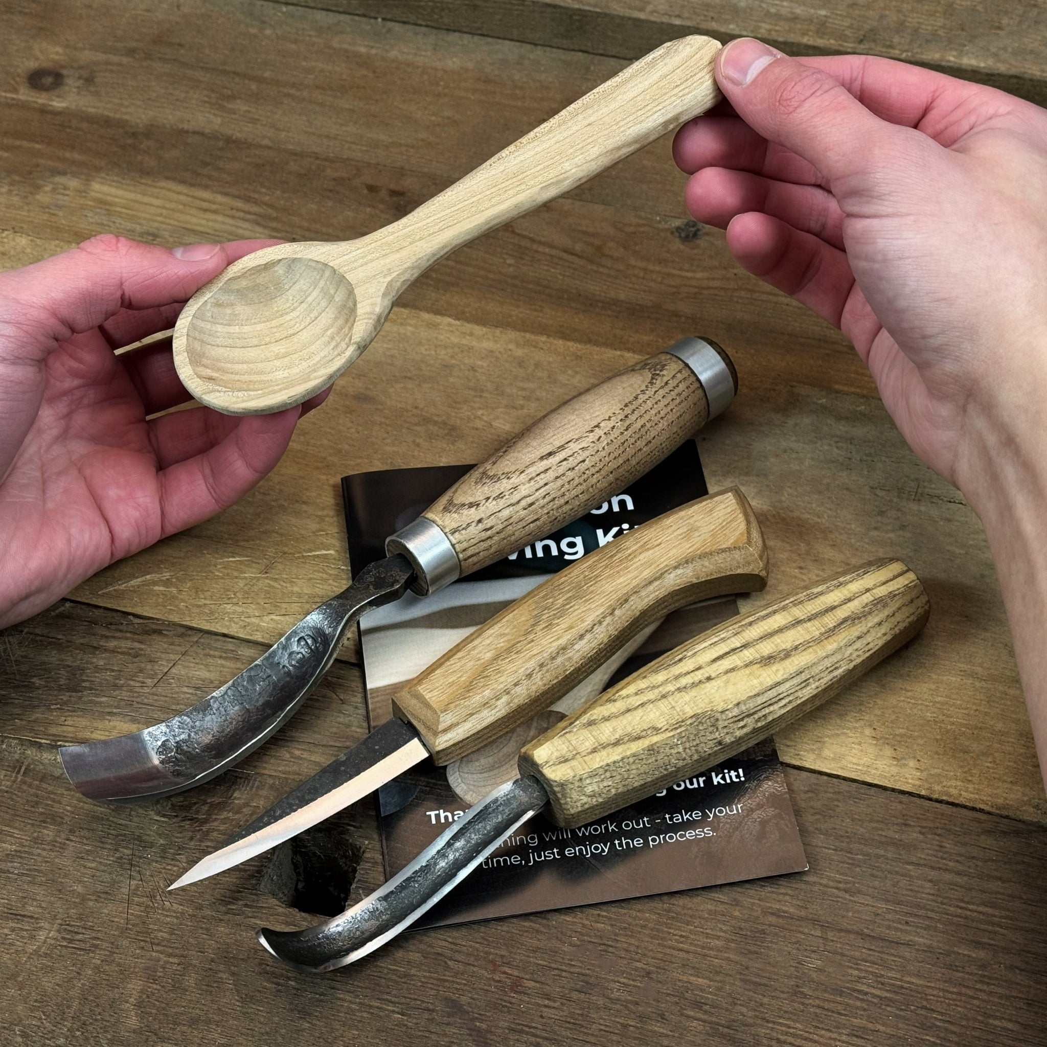 DIY 3-piece spoon carving kit with linden, cherry, and oak wood blanks and hand-forged carving tools