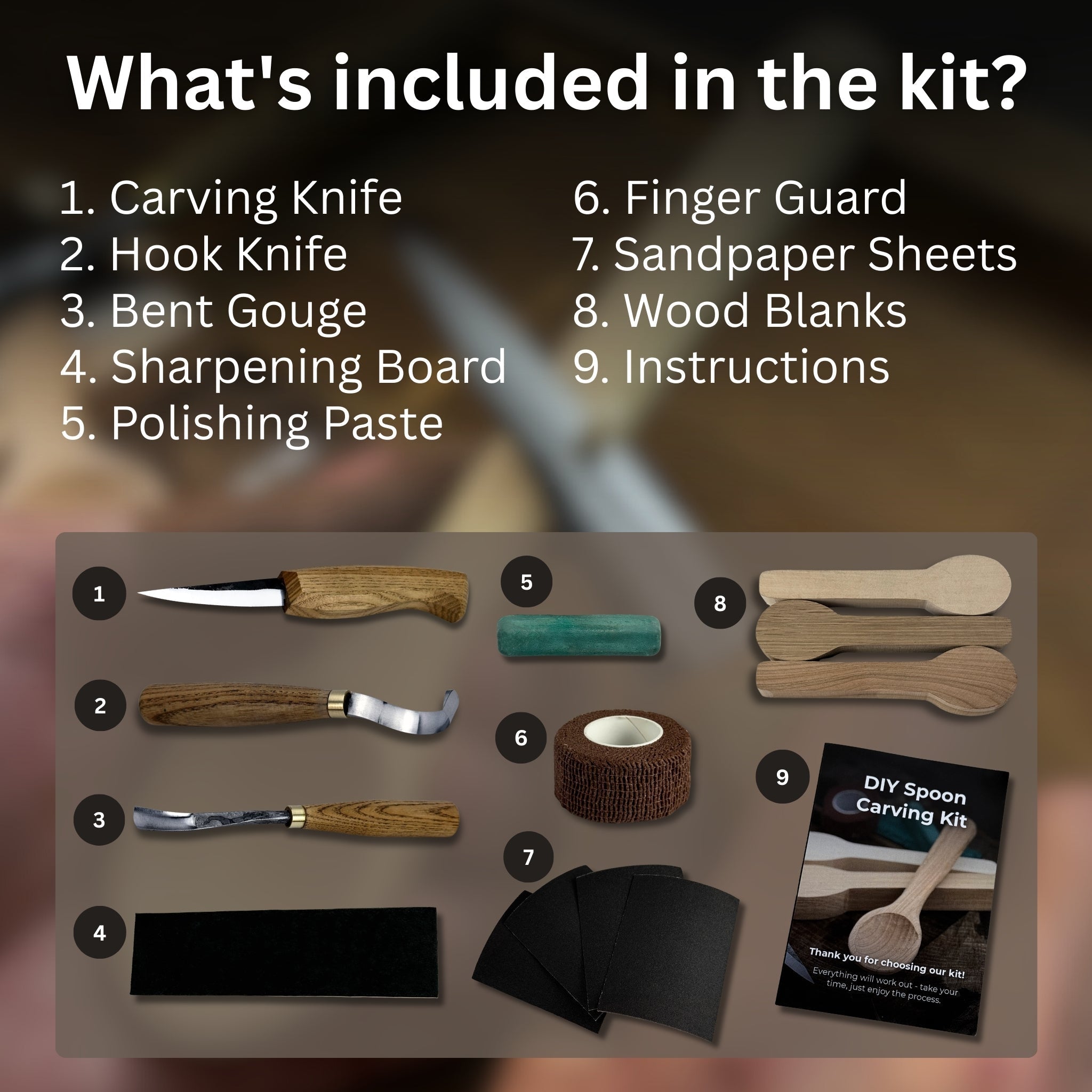 DIY 3-Piece Spoon Carving Kit with wood blanks and hand-forged carving tools