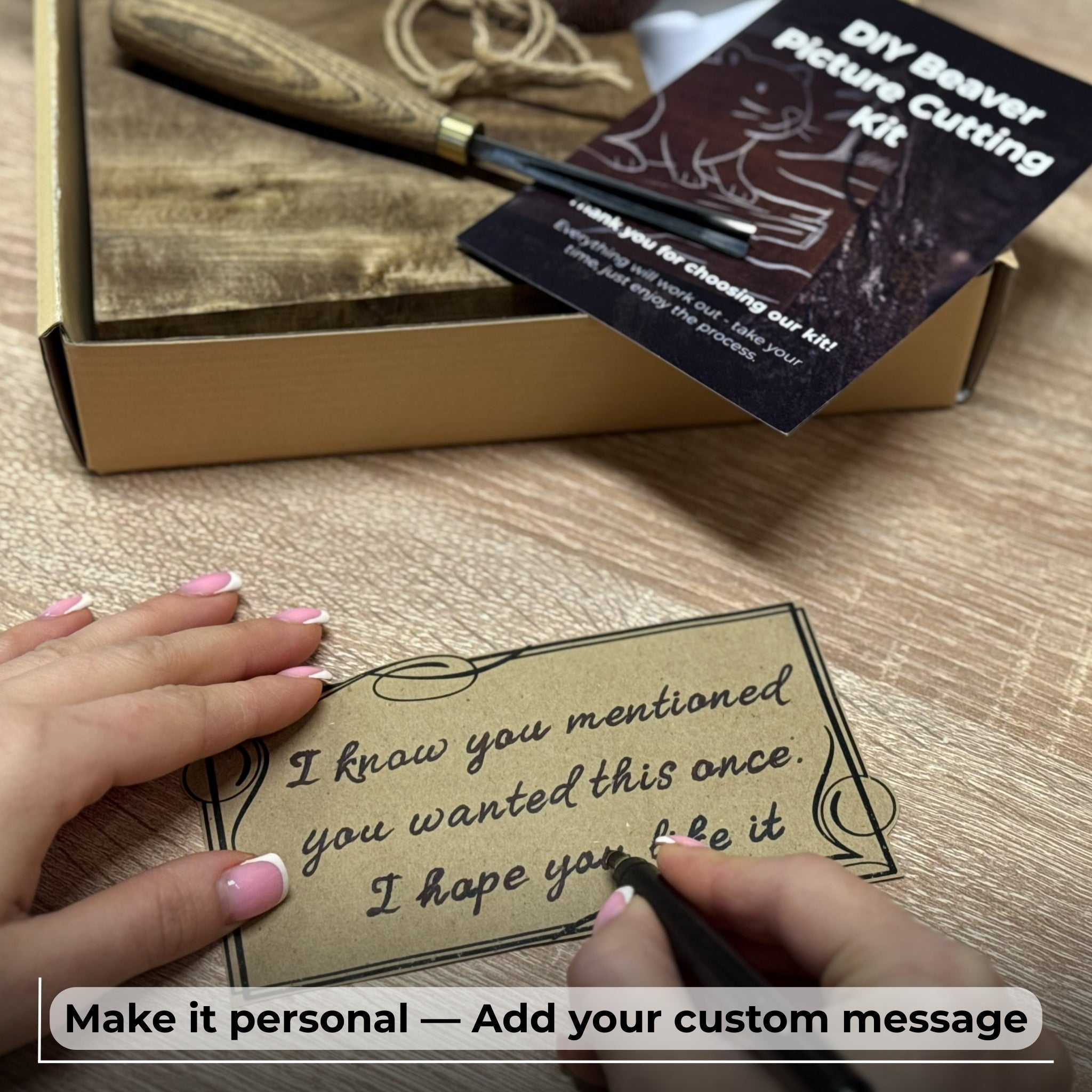 DIY Beaver Carving Kit with V-shaped chisel, pre-painted wood board, and video guide