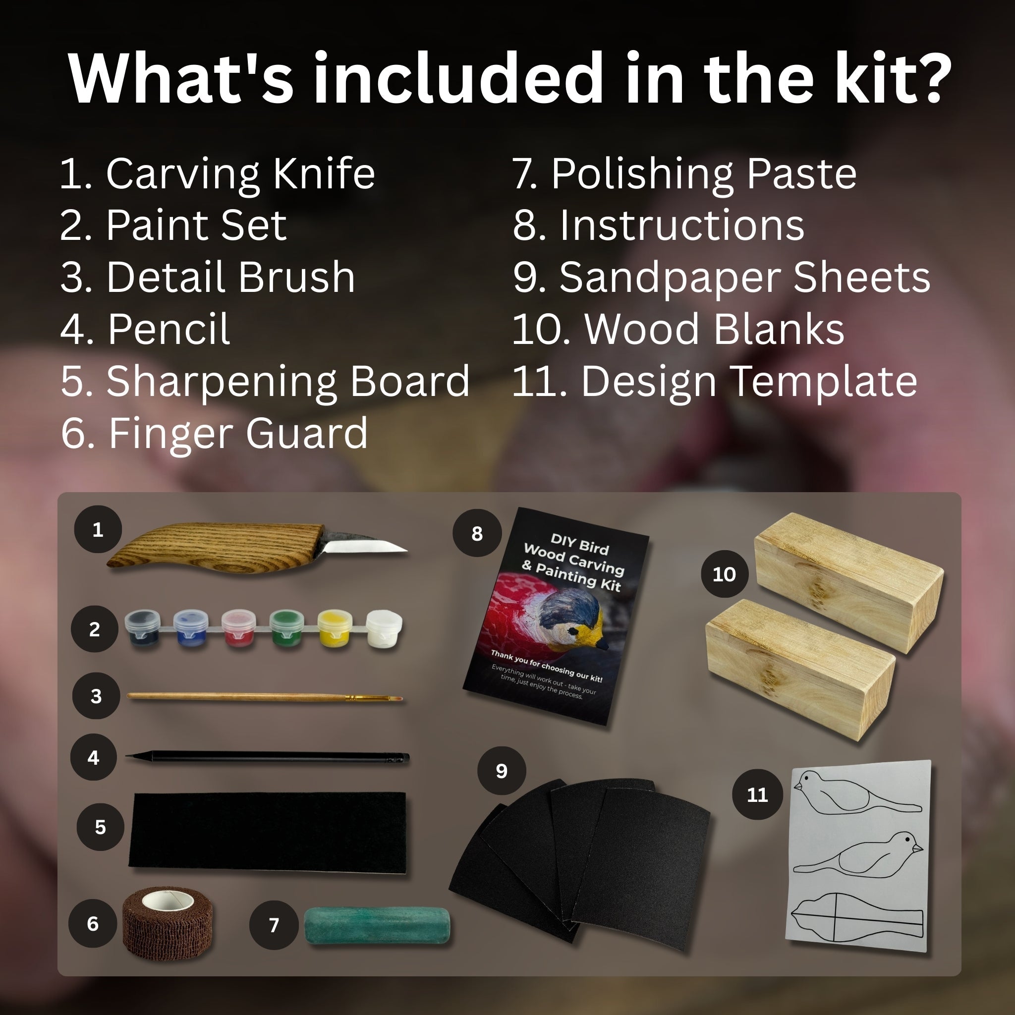 DIY Bird Wood Carving and Painting Kit with tools, wood blocks, paint set, and instructional video by Sharky Forged Steel Tools