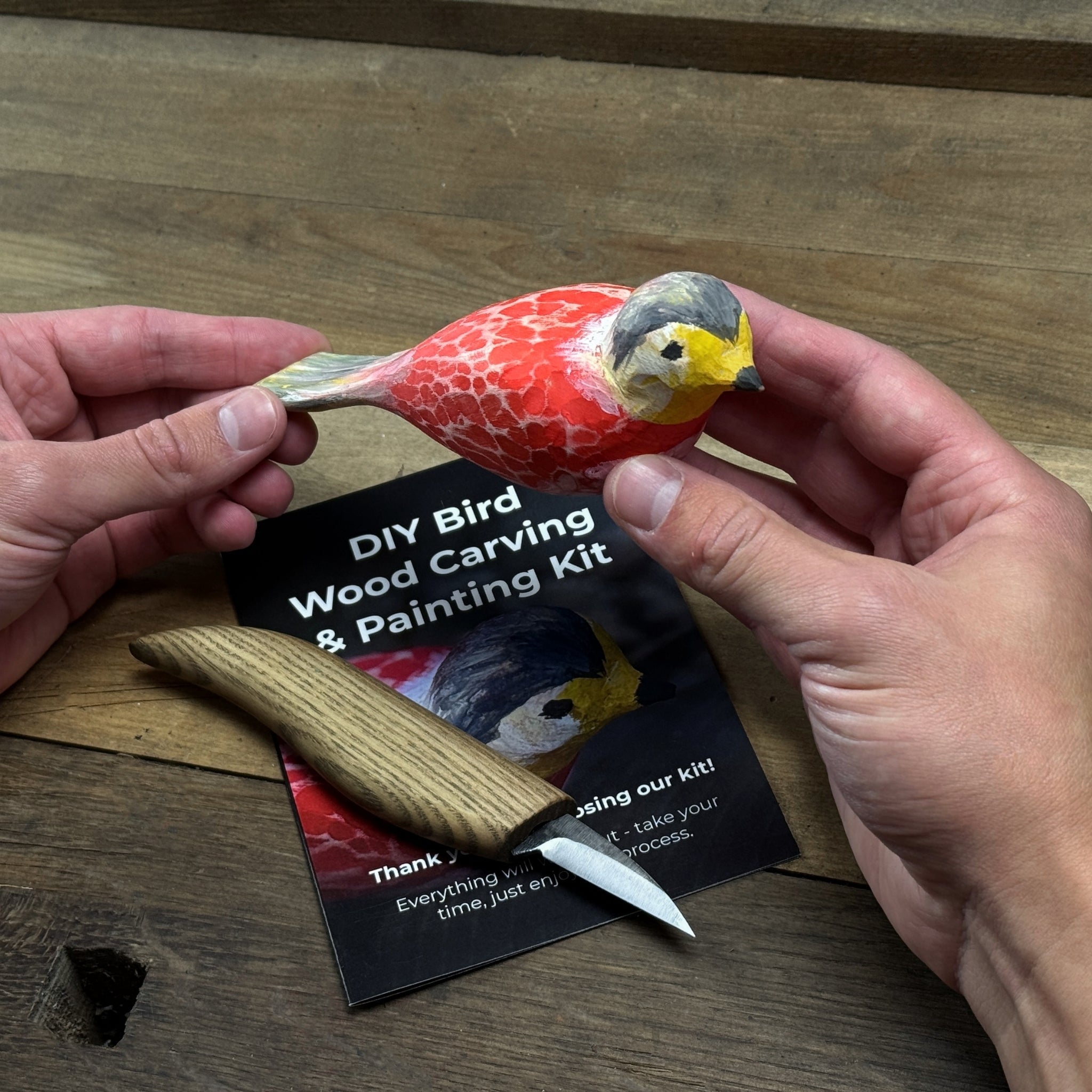 DIY Bird Wood Carving and Painting Kit with tools, wood blocks, paint set, and instructional video by Sharky Forged Steel Tools