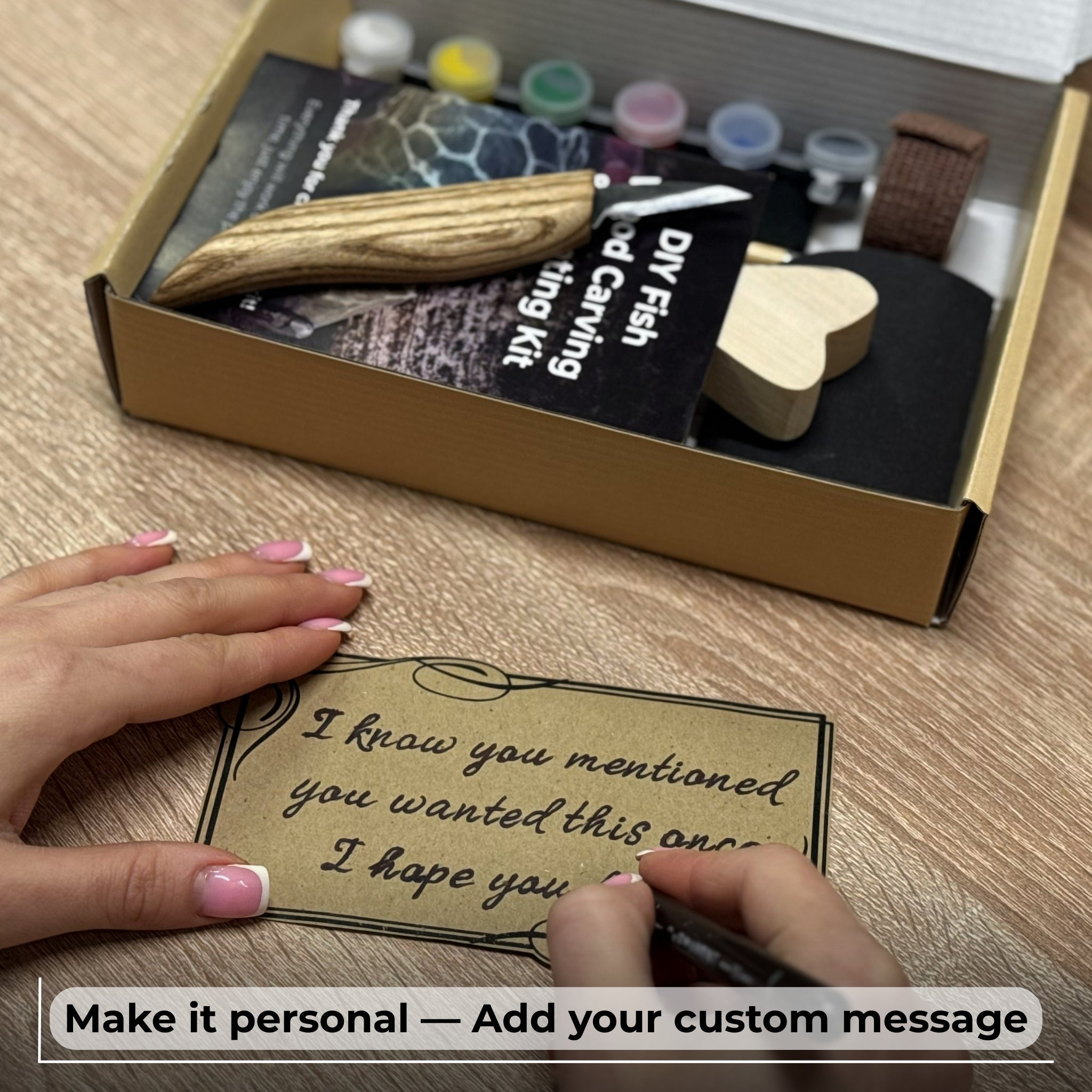 DIY Fish Wood Carving and Painting Kit with tools, pre-cut wood fish, paints, and tutorial