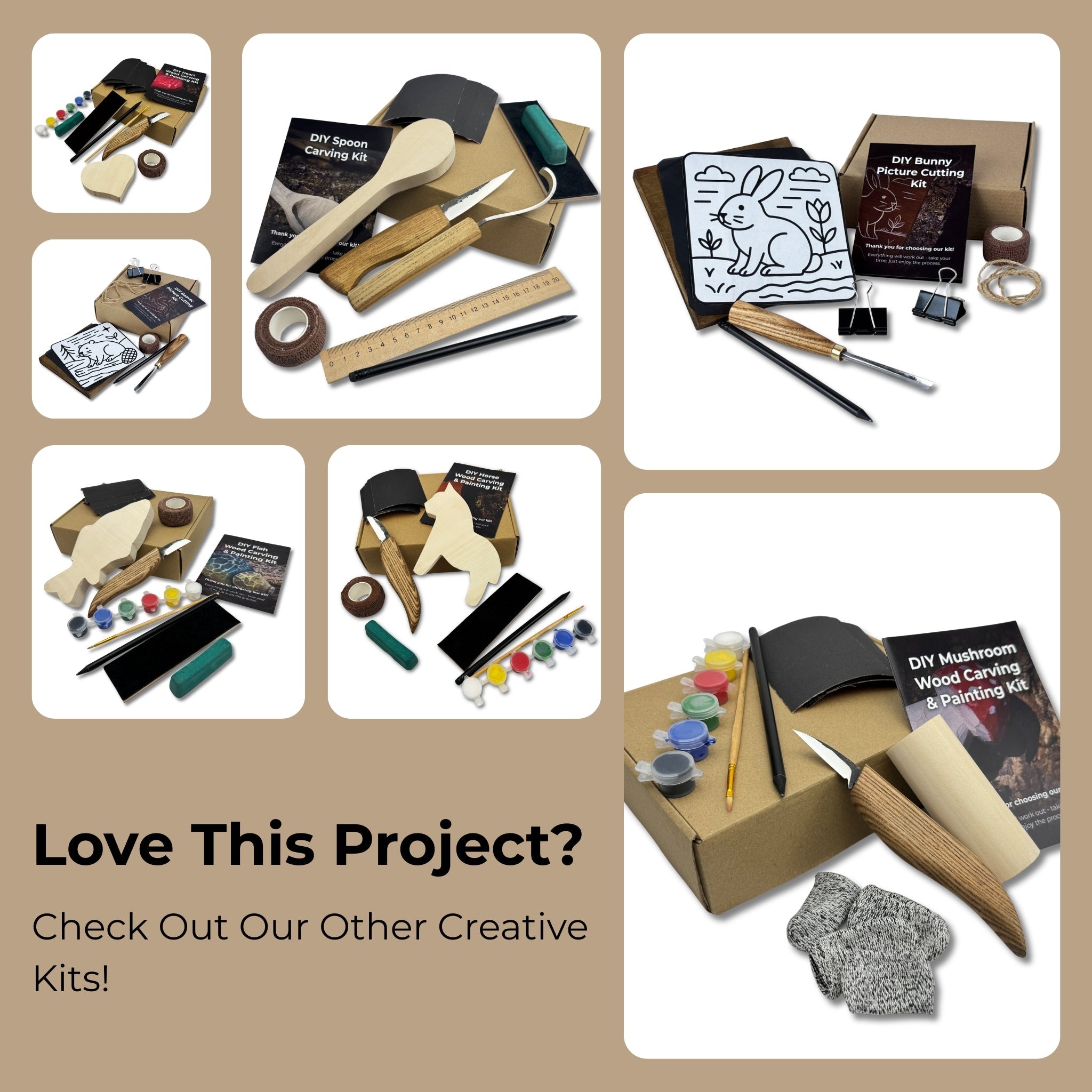DIY Glove Wood Carving & Painting Kit with carving knife, wooden glove blank, paint set, and tutorial materials