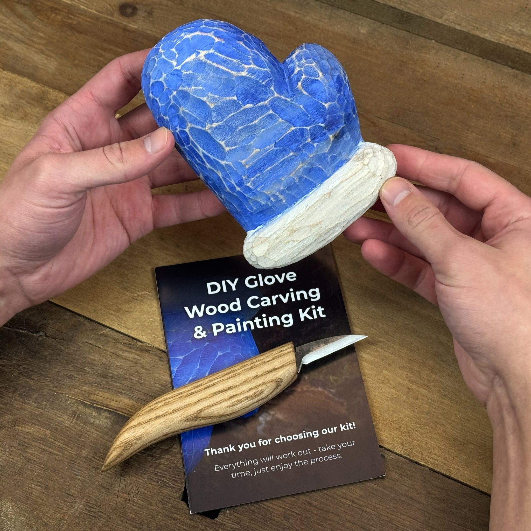 DIY Glove Wood Carving & Painting Kit with carving knife, wooden glove blank, paint set, and tutorial materials