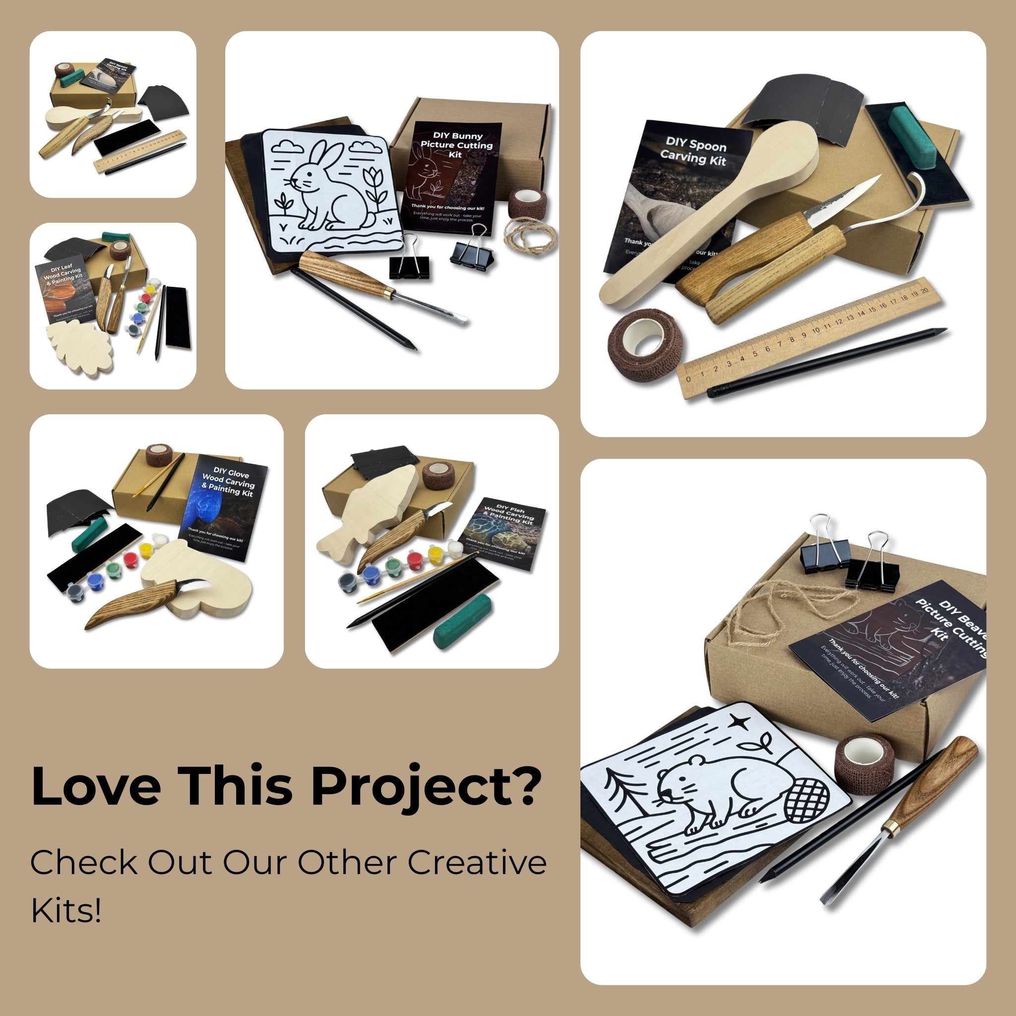 DIY Horse Wood Carving and Painting Kit with carving knife, wooden horse blank, paints, and brushes