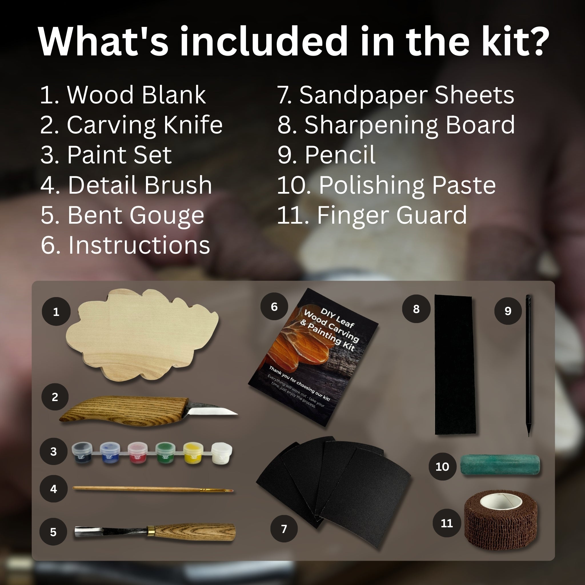 DIY Oak Leaf Carving and Painting Kit with carving tools, pre-cut wood leaf, paints, and brush