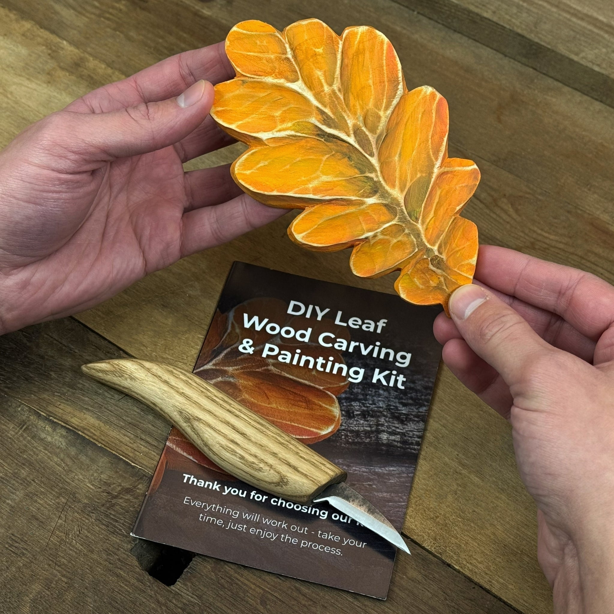 DIY Oak Leaf Carving and Painting Kit with carving tools, pre-cut wood leaf, paints, and brush