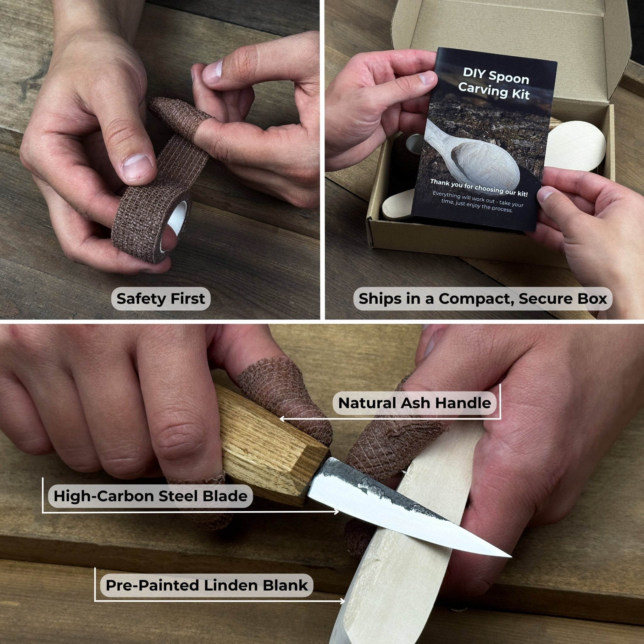 DIY wood carving kit with spoon making tools and pre-cut basswood blank