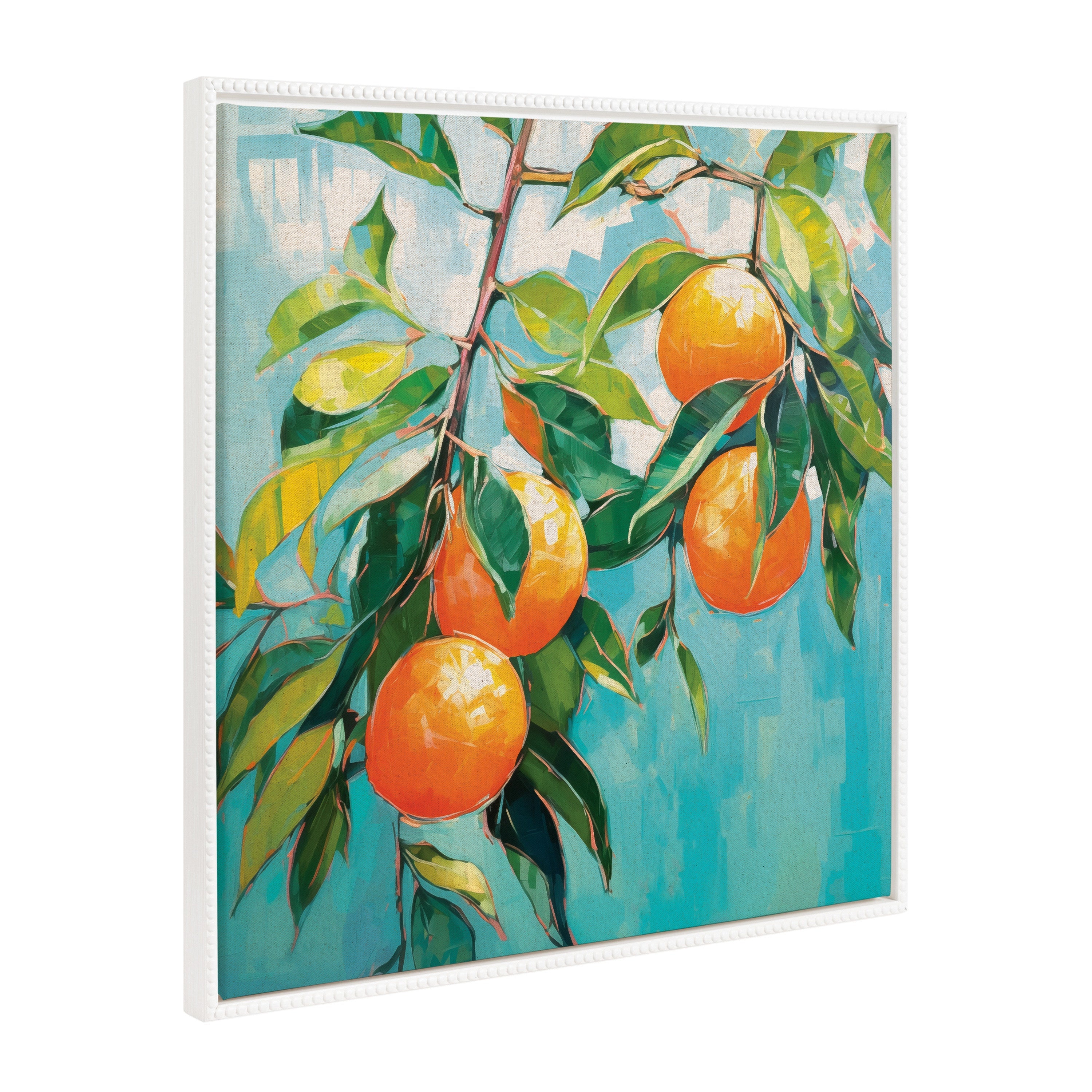 Sylvie Beaded Orange Tree framed canvas art showing a decorative orange tree print within a vintage beaded polystyrene frame