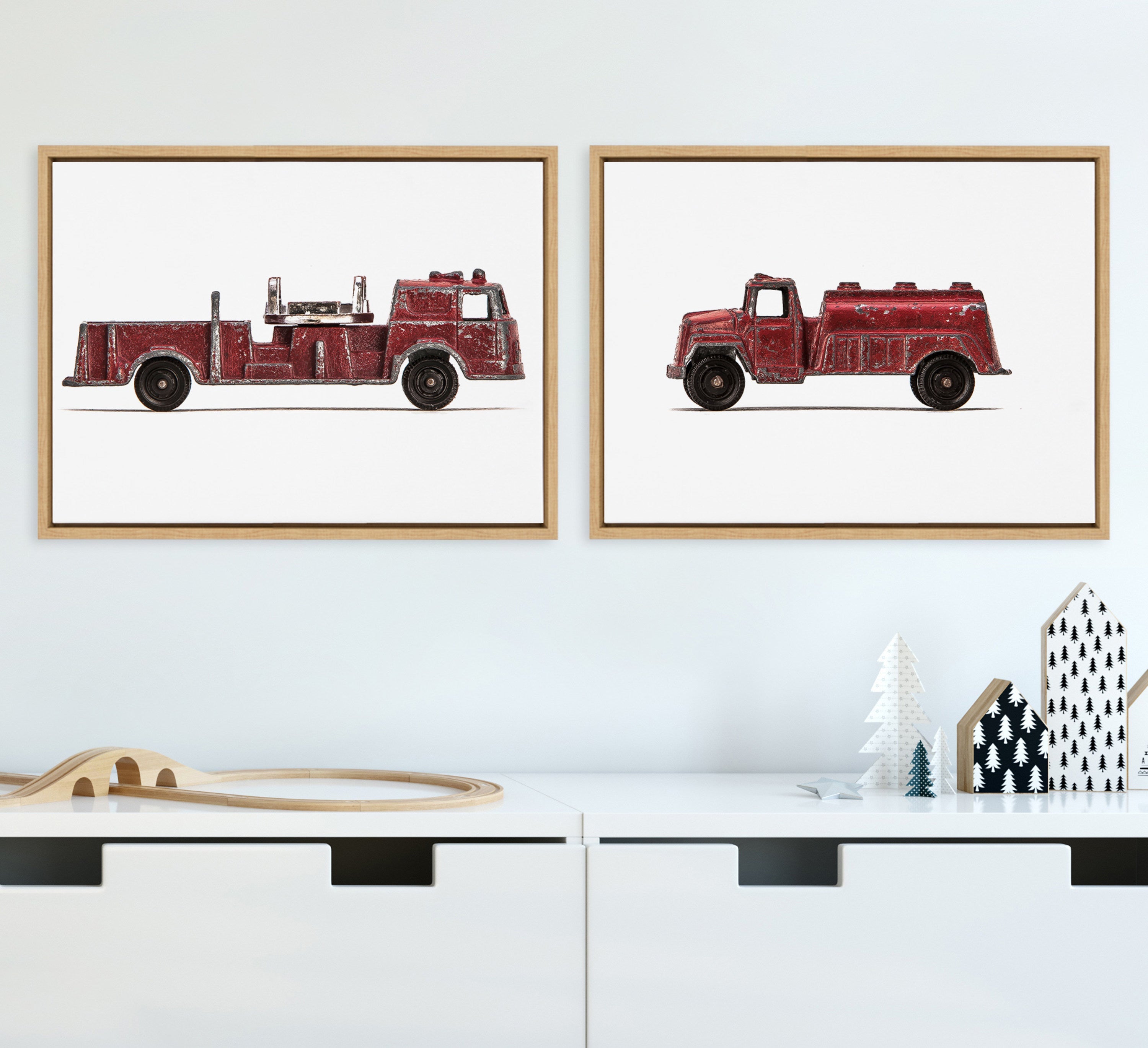 Sylvie Red Vintage Toy Fire Engine and Water Truck Framed Canvas Art Set