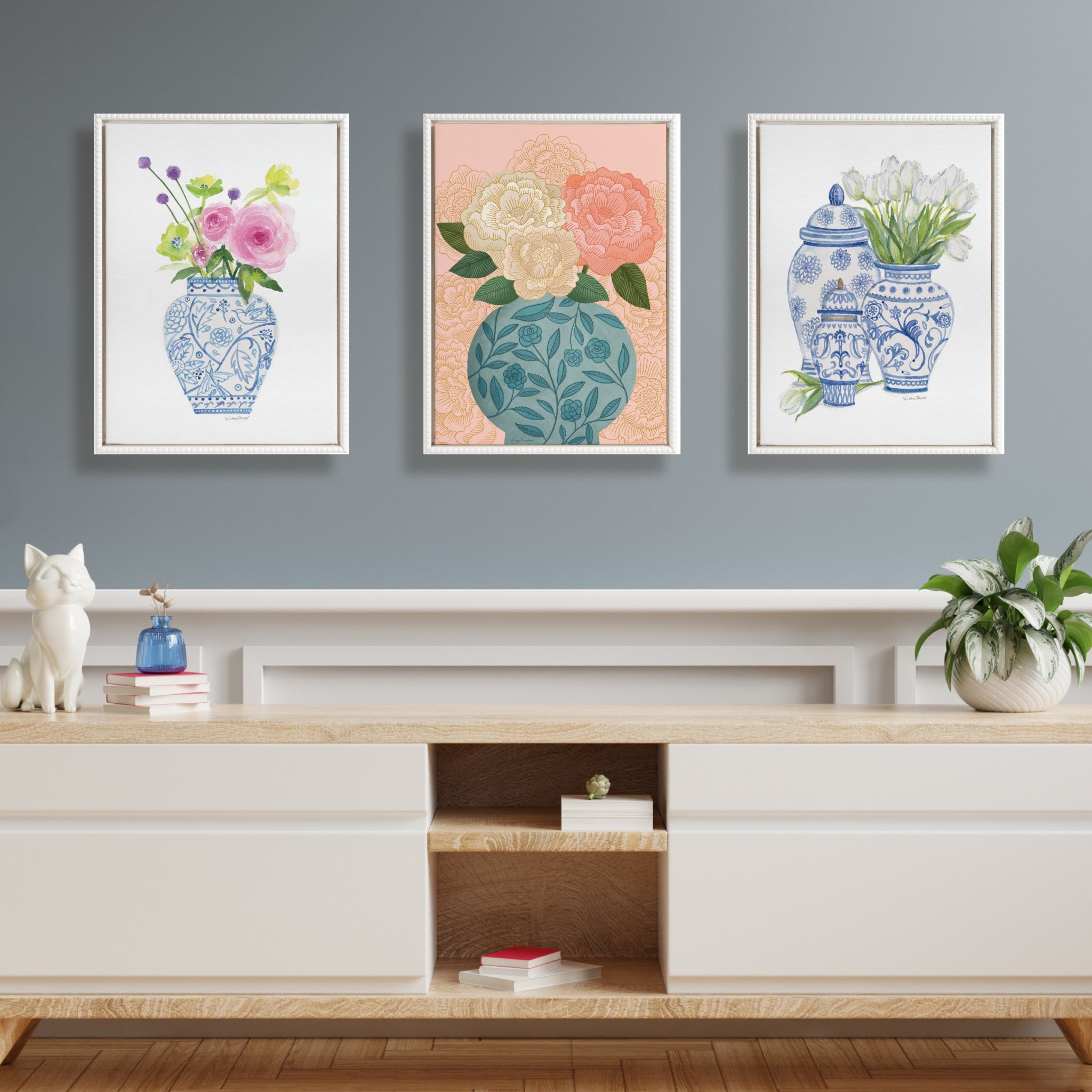 Sylvie Beaded Flower Bouquet Vase Framed Canvas by Carey Copeland