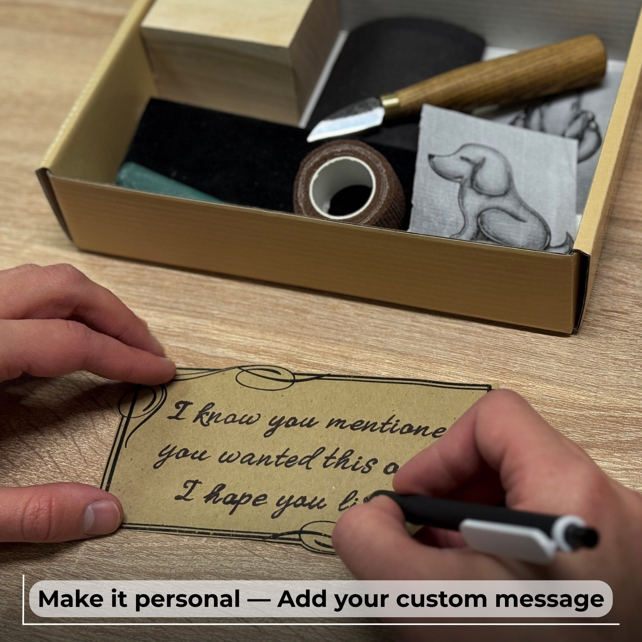 Complete Dog Carving Kit with knife, wood blocks, sandpaper, sharpening board, pencil, and dog drawing guide