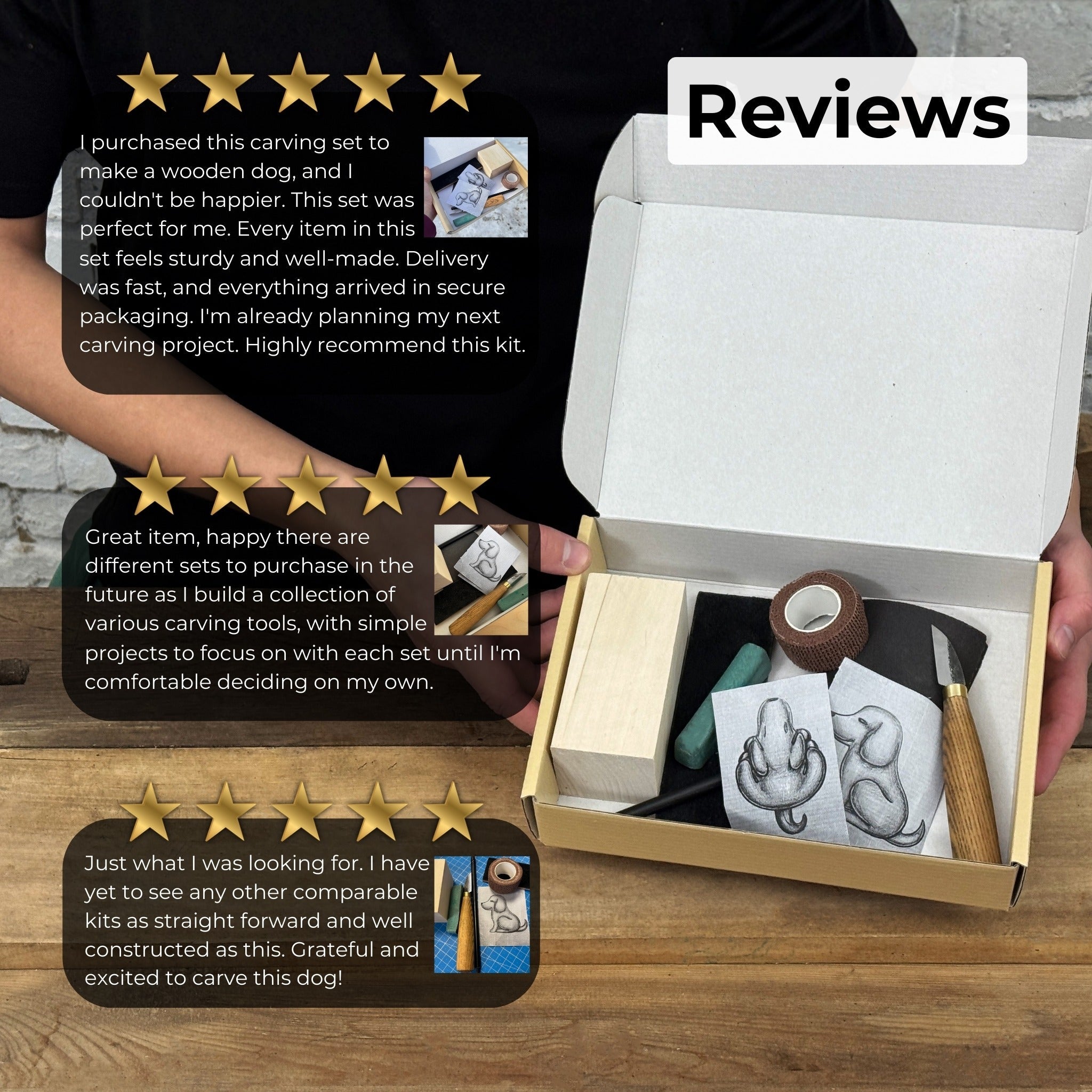 Complete Dog Carving Kit with knife, wood blocks, sandpaper, sharpening board, pencil, and dog drawing guide