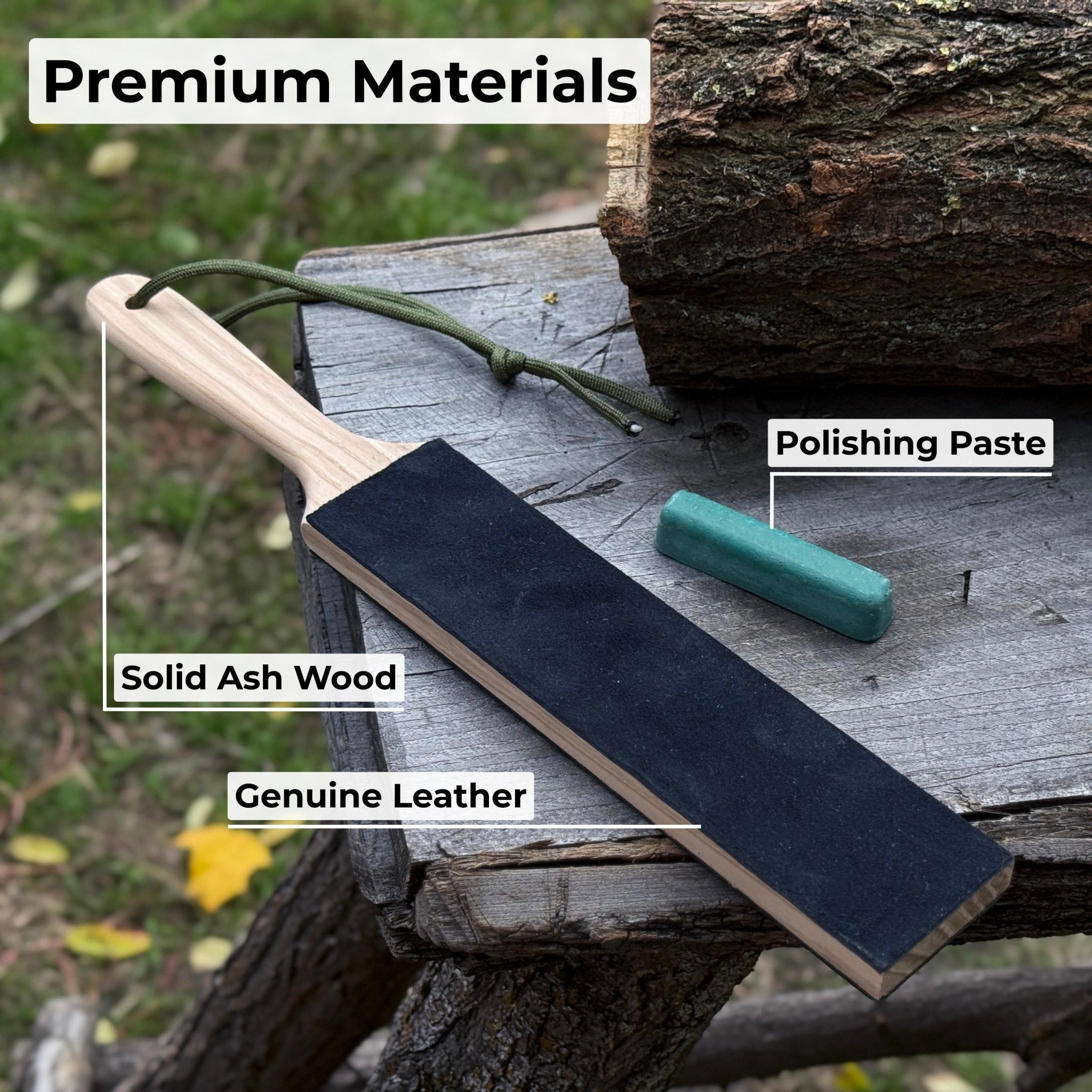 Double-sided leather sharpening strop with polishing paste and ash wood handle