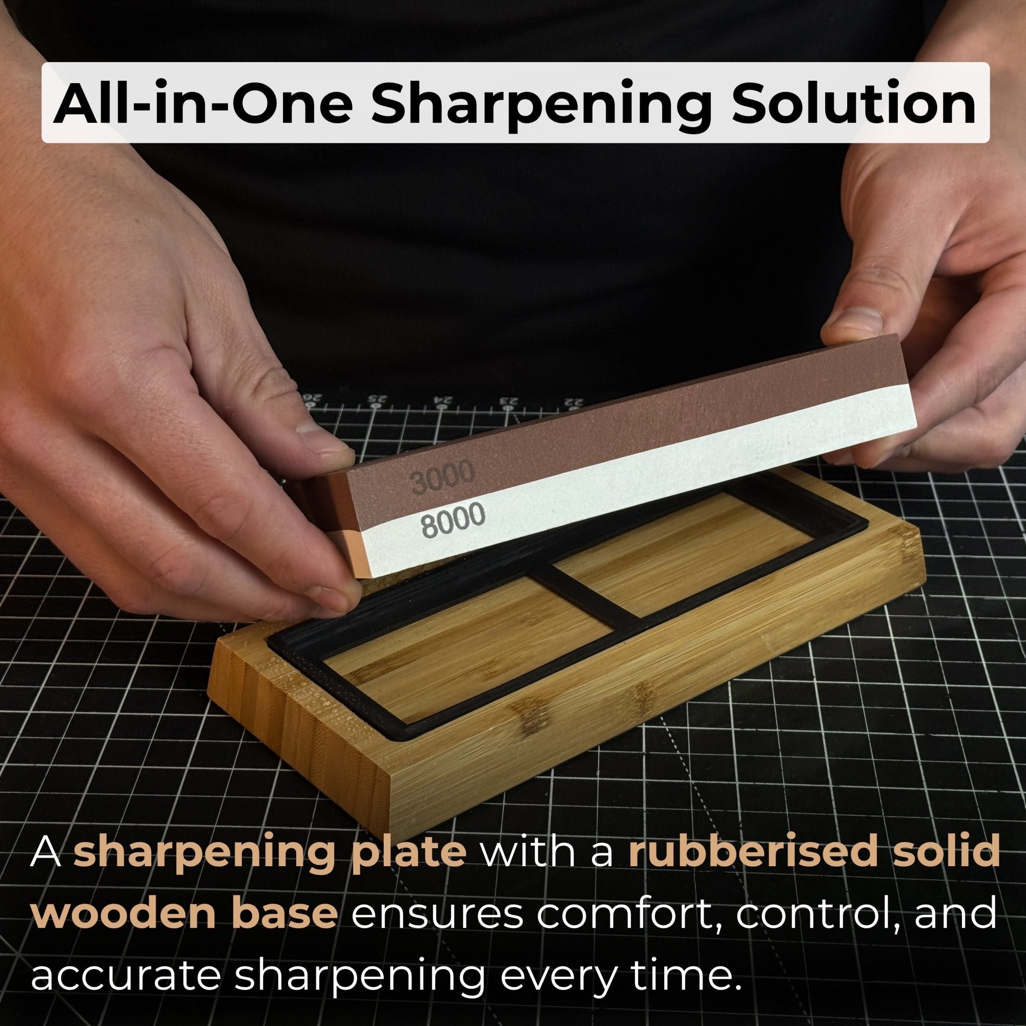 Double-sided sharpening stone with grit #3000 and #8000, shown with optional wooden stand