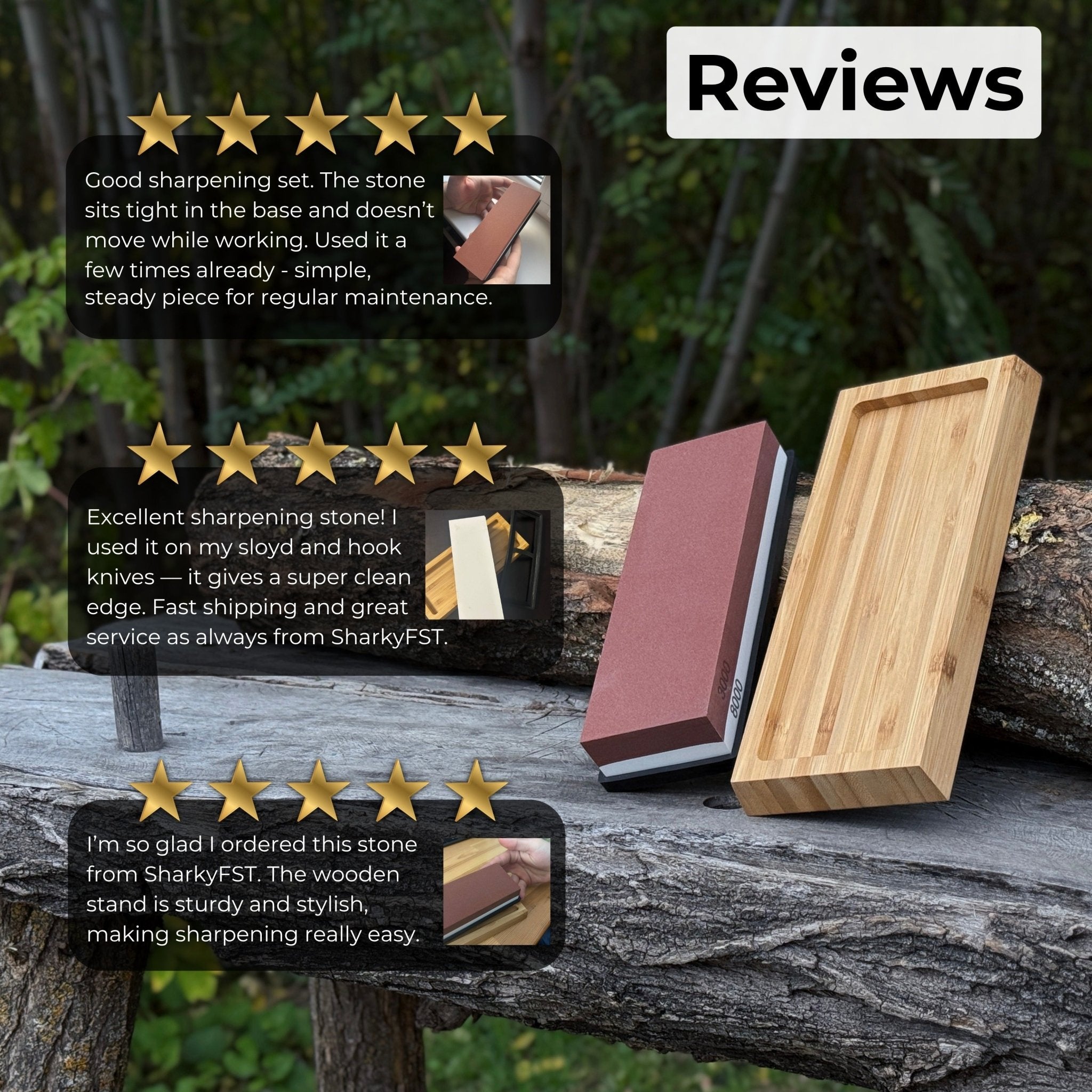 Double-sided sharpening stone with grit #3000 and #8000, shown with optional wooden stand