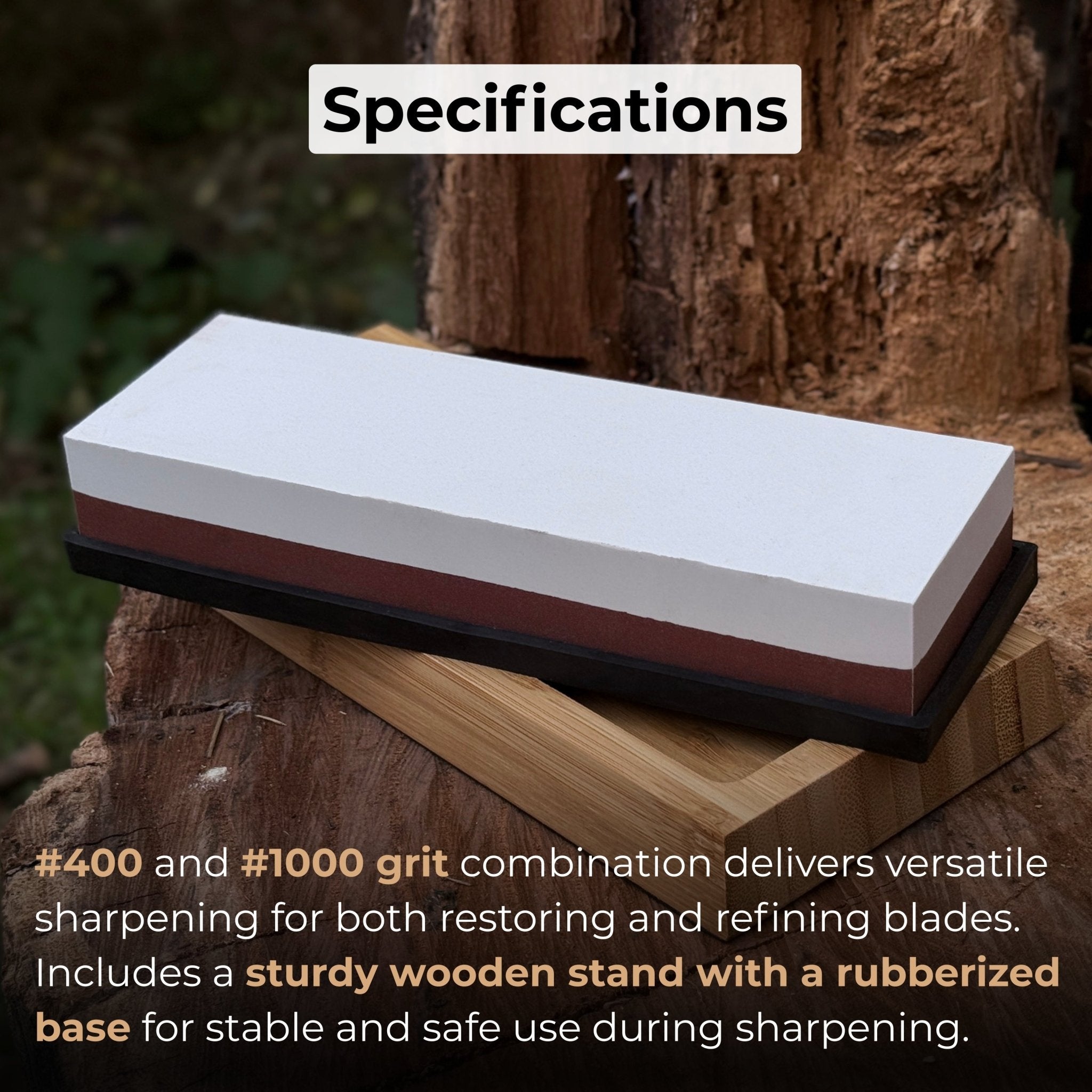 Double-sided sharpening stone with grit #3000 and #8000, shown with optional wooden stand