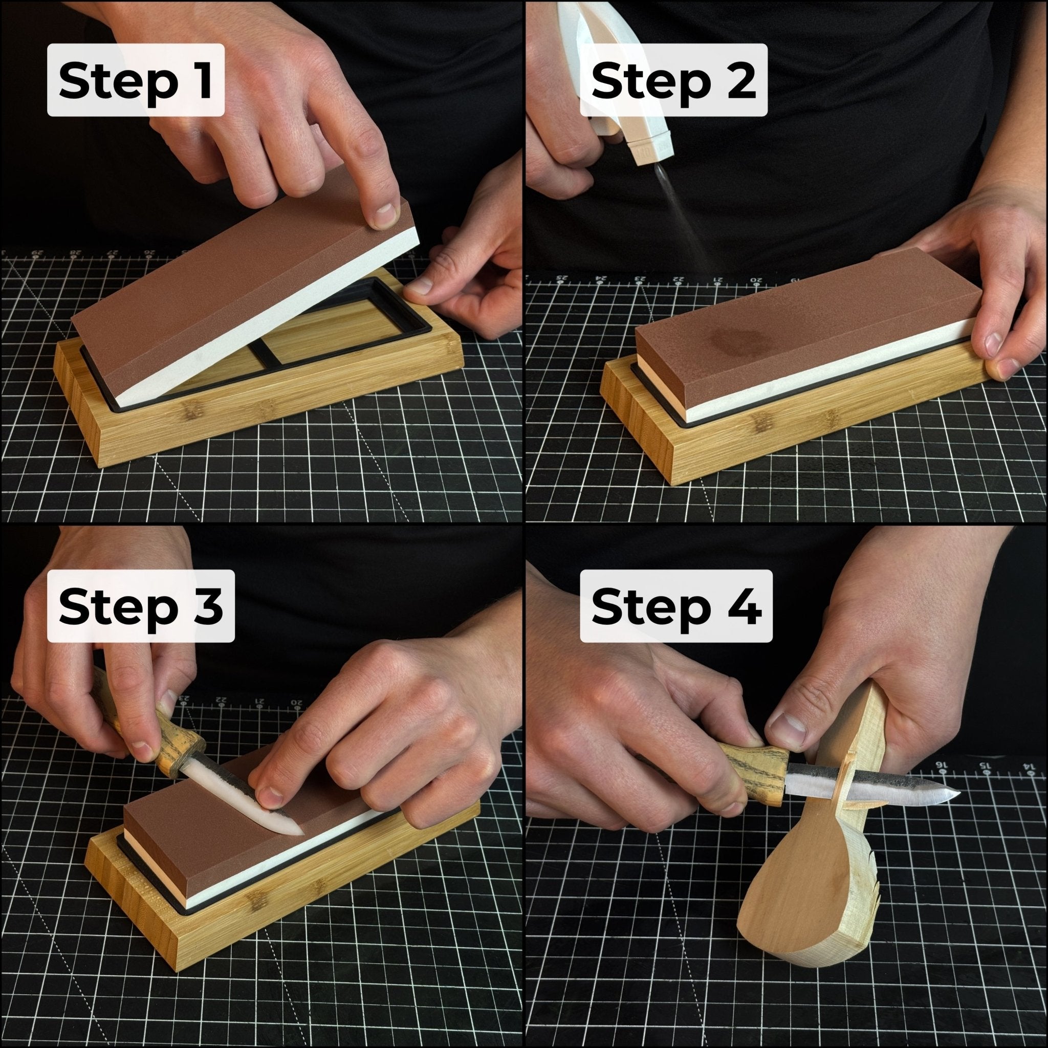 Double-sided sharpening stone with grit #3000 and #8000, shown with optional wooden stand