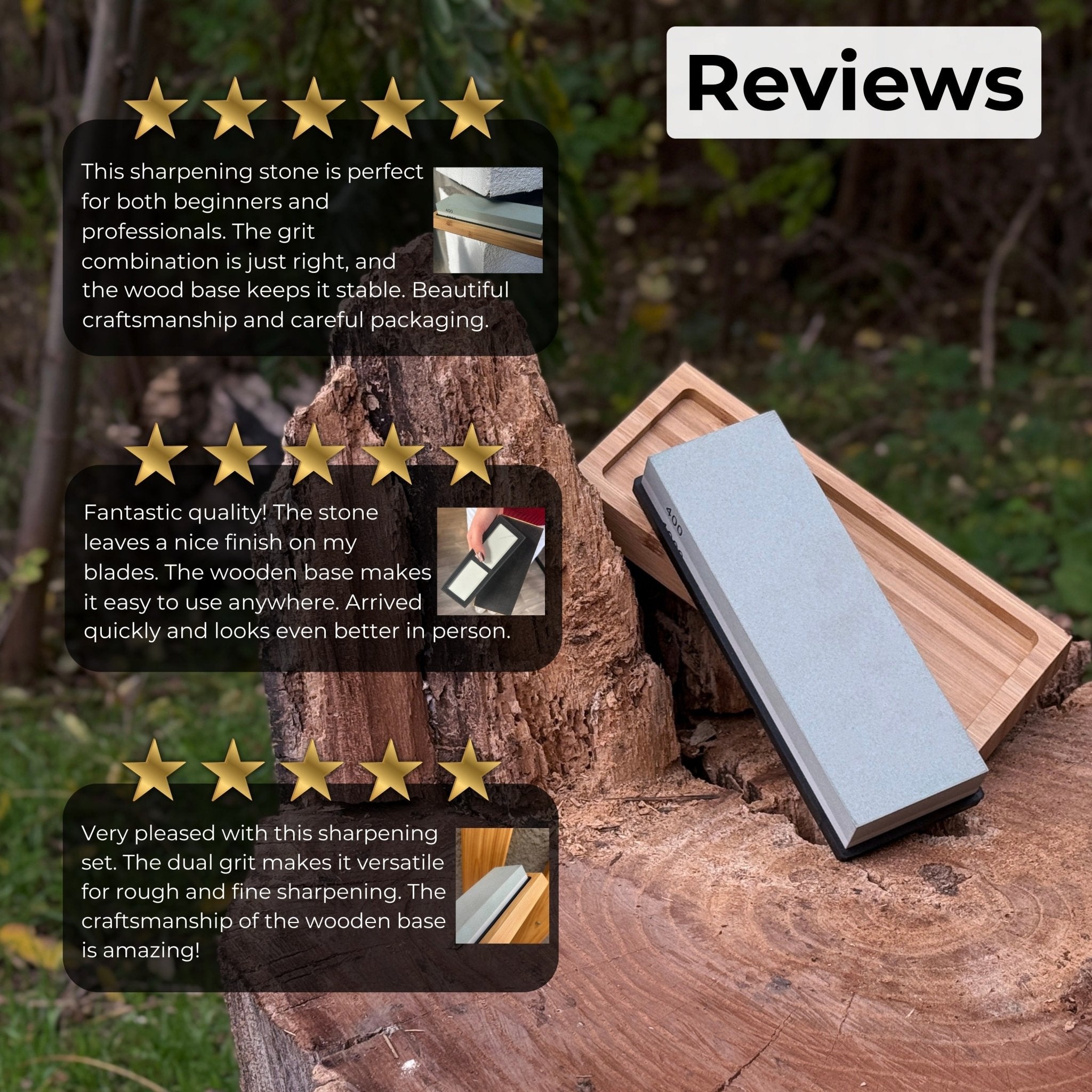 Double-sided sharpening stone with coarse #400 and medium #1000 grit, shown with optional wooden stand