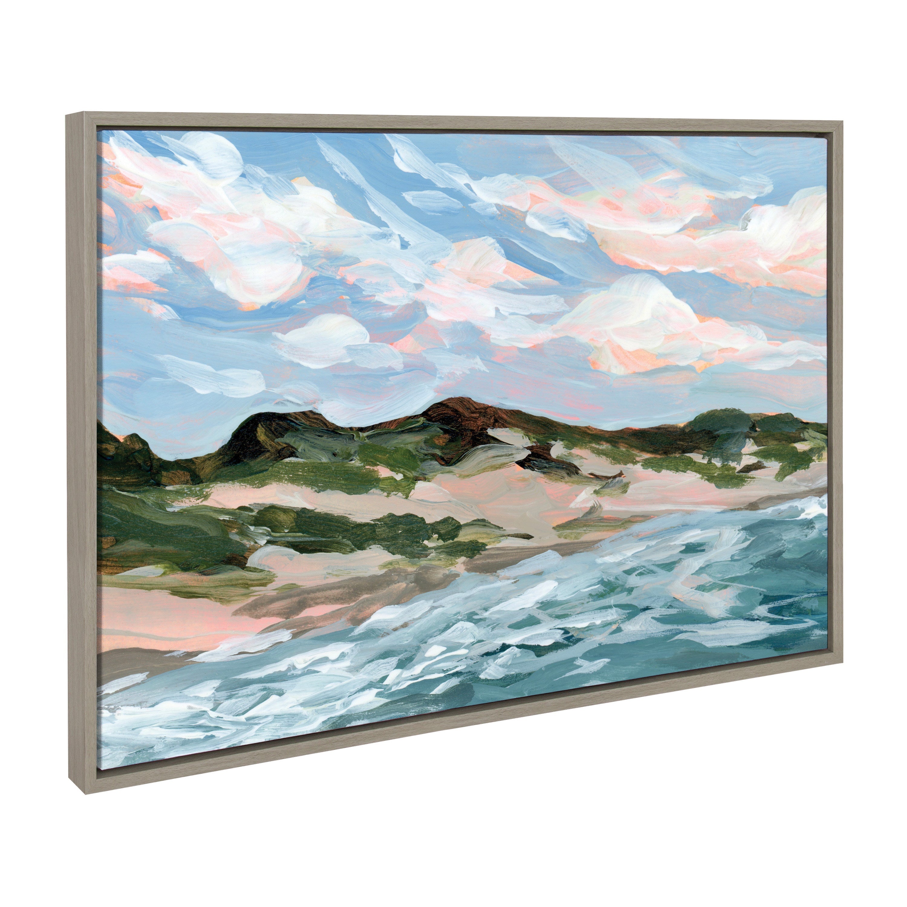 Framed canvas art depicting Michigan sand dunes by Emily Kenney, displayed in natural tones.