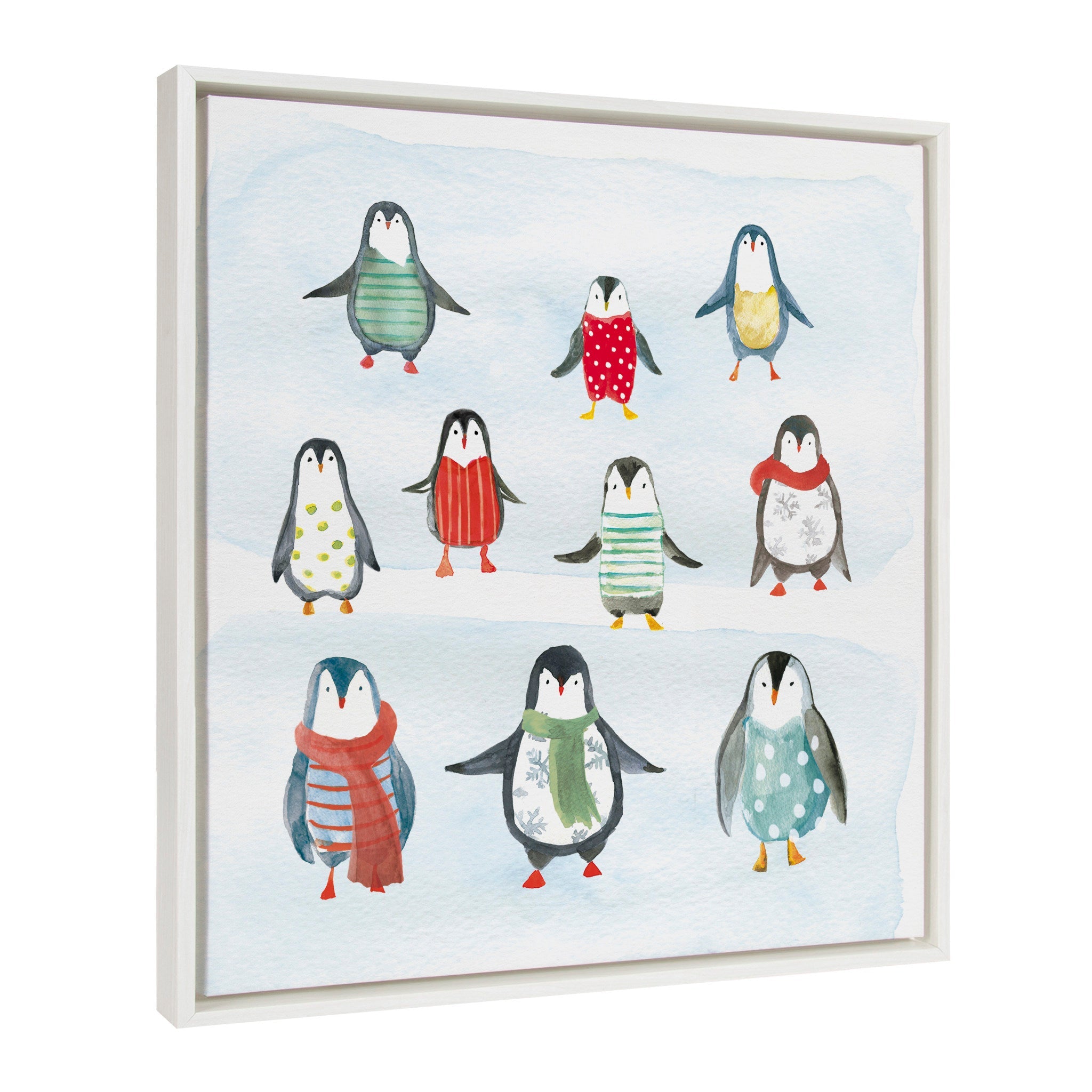 Sylvie Friend Zone Winterwonder Penguins framed canvas art showing penguins in a snowy scene with a white polystyrene frame