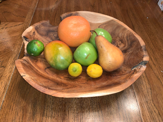 Large Live Edge Teak Bowl by Tuckahoe Hardwoods showing natural wood grain and live edges