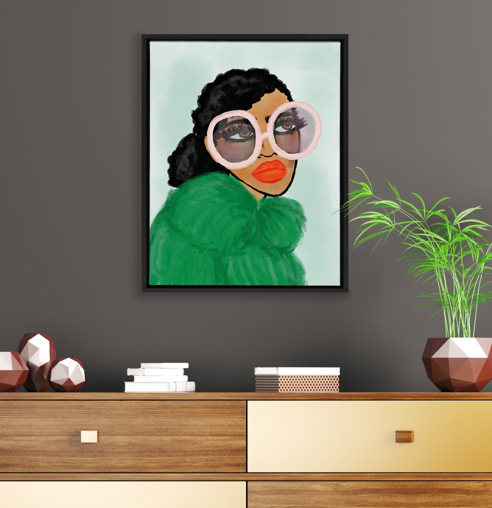 Sylvie Green Coat Framed Canvas by Kendra Dandy of Bouffants and Broken Hearts