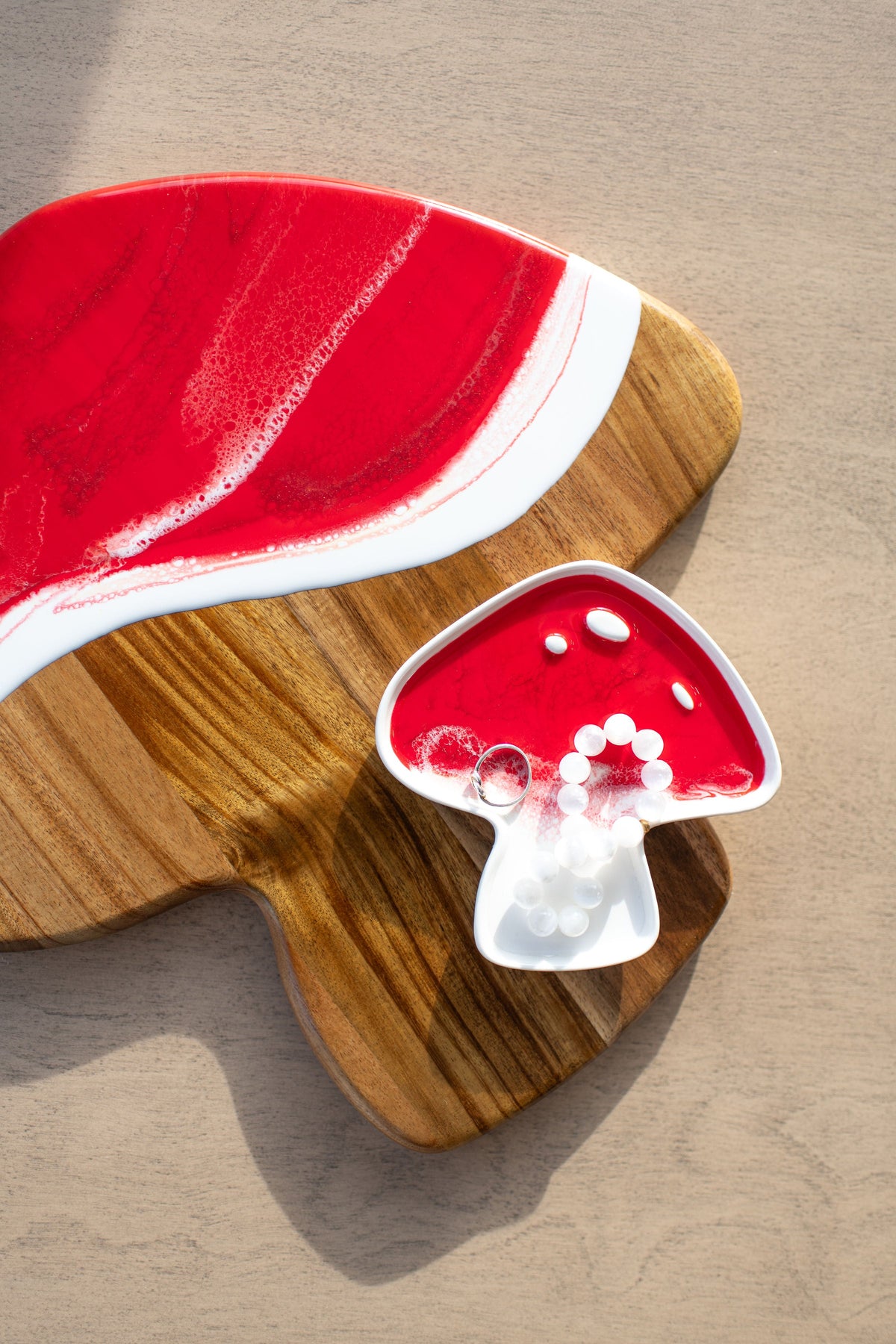 Mushroom Shaped Acacia Cheese Board and Ceramic Tray