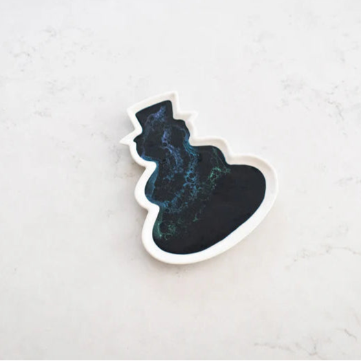 Resin Ceramic Snowman Tray with a black and blue design on a white surface