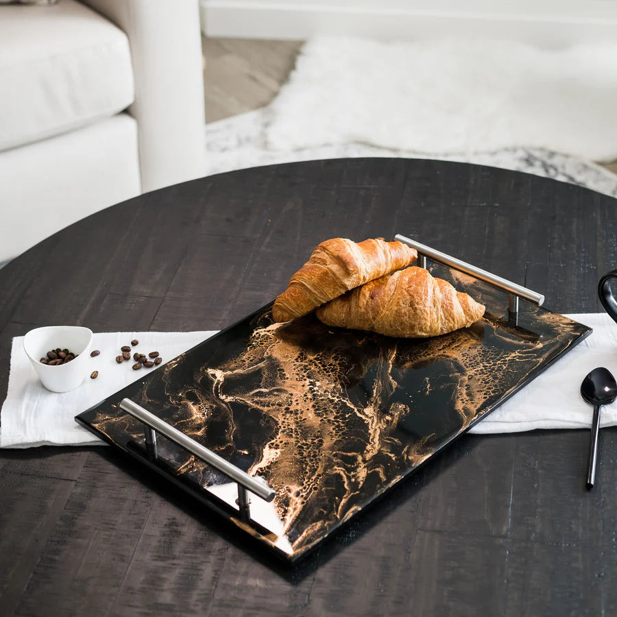 Marble-patterned Acrylic Resin Serving Tray with a croissant on a dark wooden table