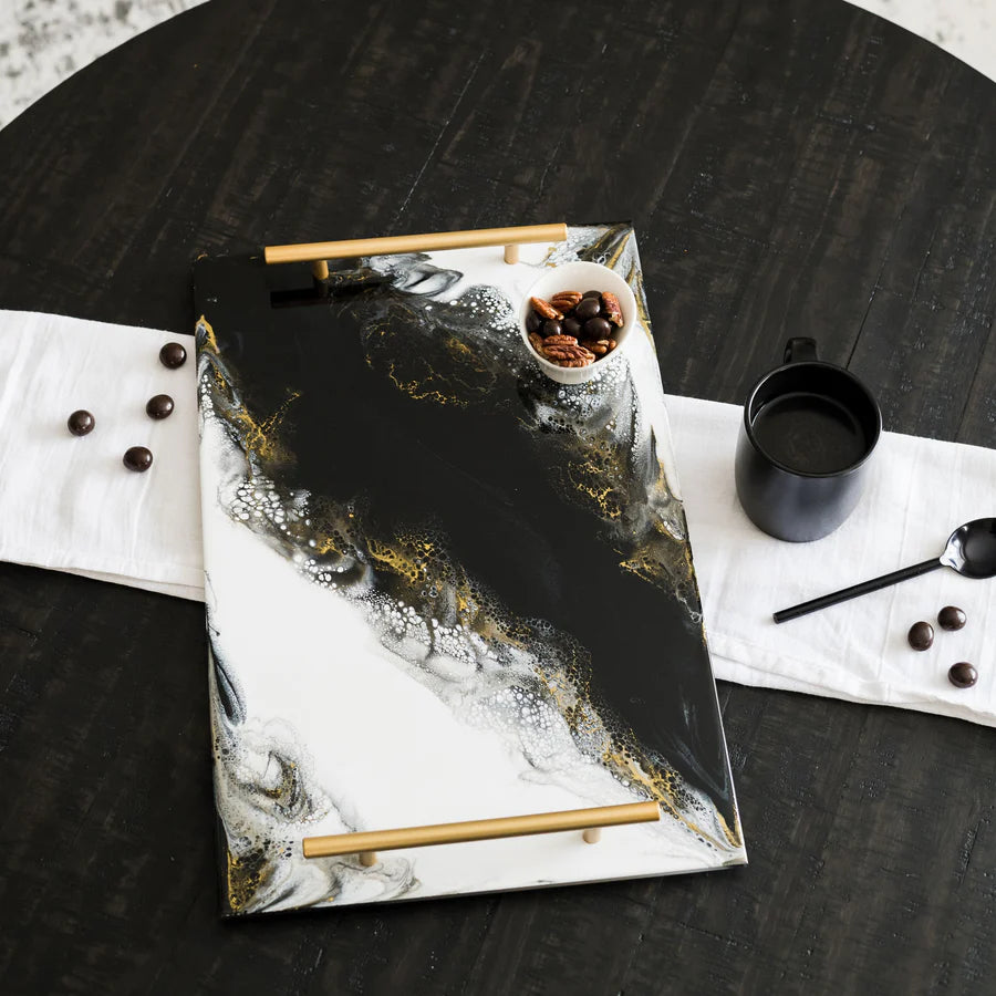 Marble-patterned Acrylic Resin Serving Tray with gold accents on a dark surface with coffee beans and a black mug.