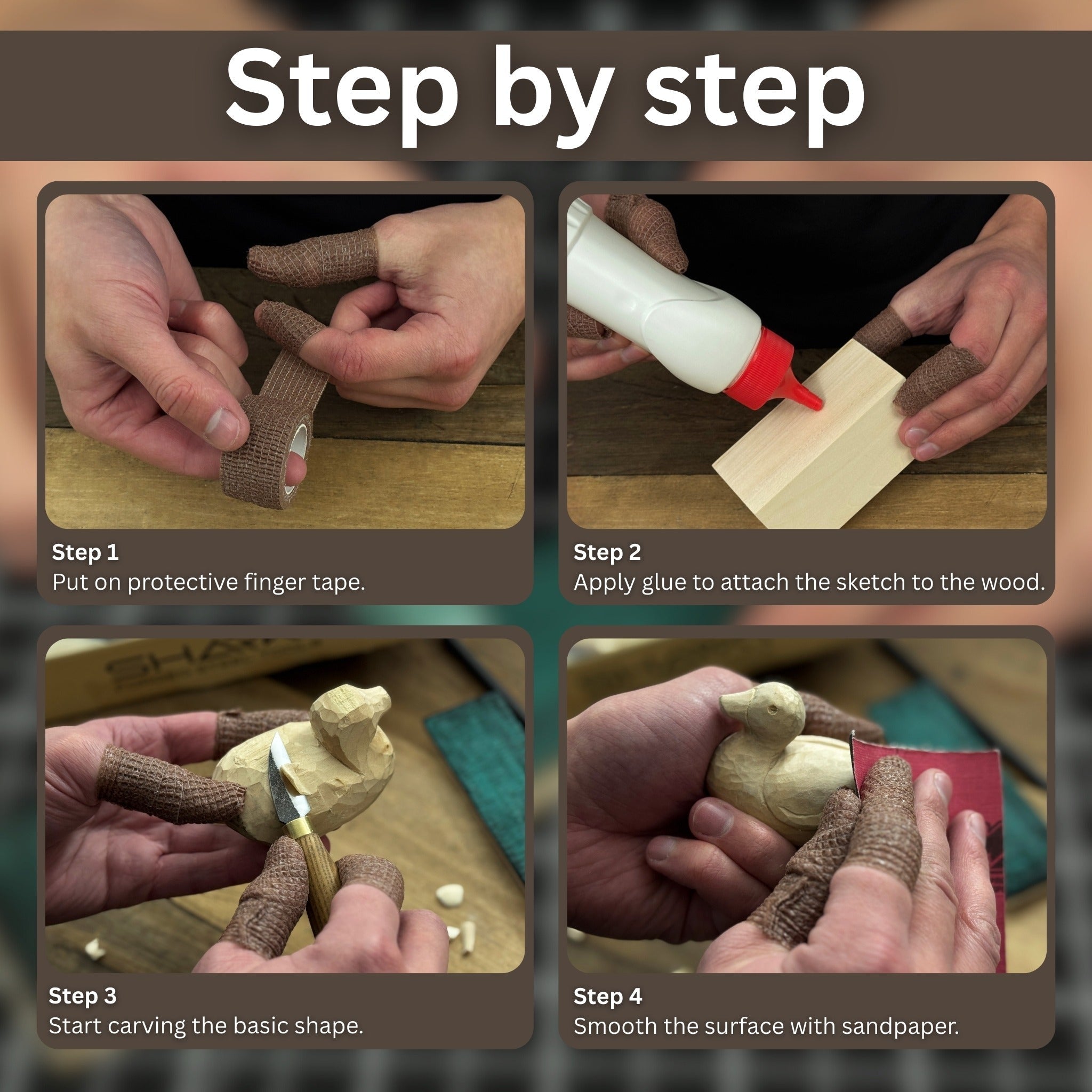 Complete Duck Carving Kit with knife, wooden blocks, sandpaper, sharpening board, pencil, and duck drawing guide